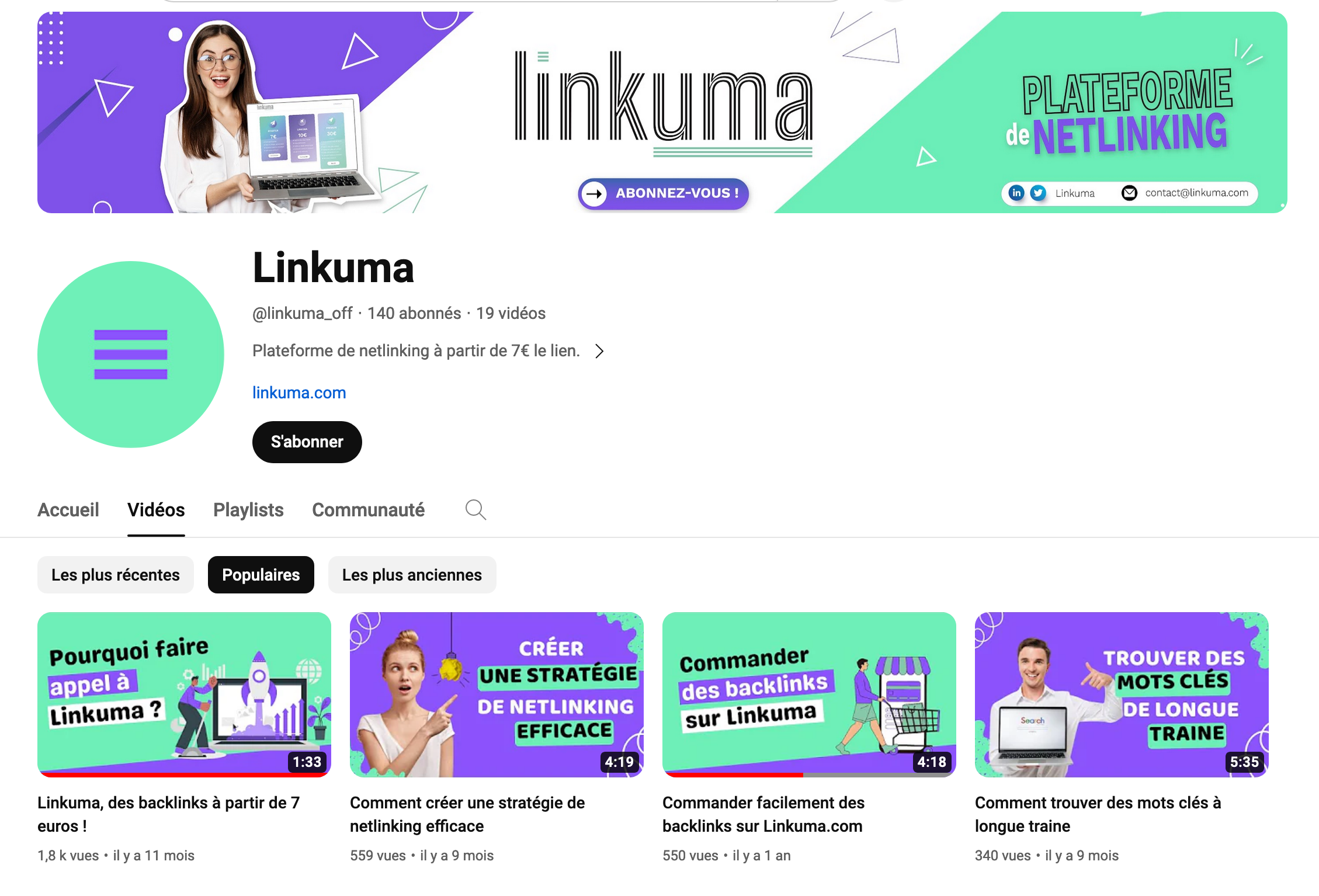 Aperçu des vidéos de la chaîne YouTube de Linkuma.