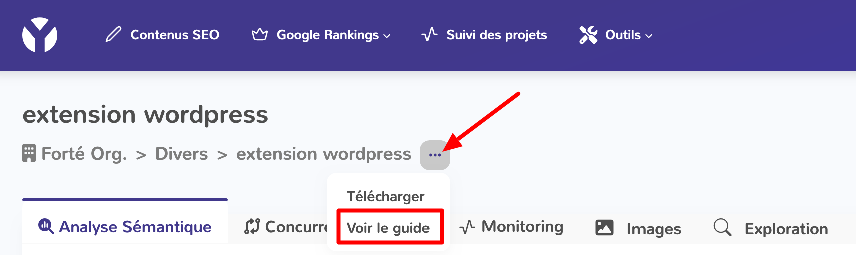 Un bouton pour voir un guide premium sur YourTextGuru.