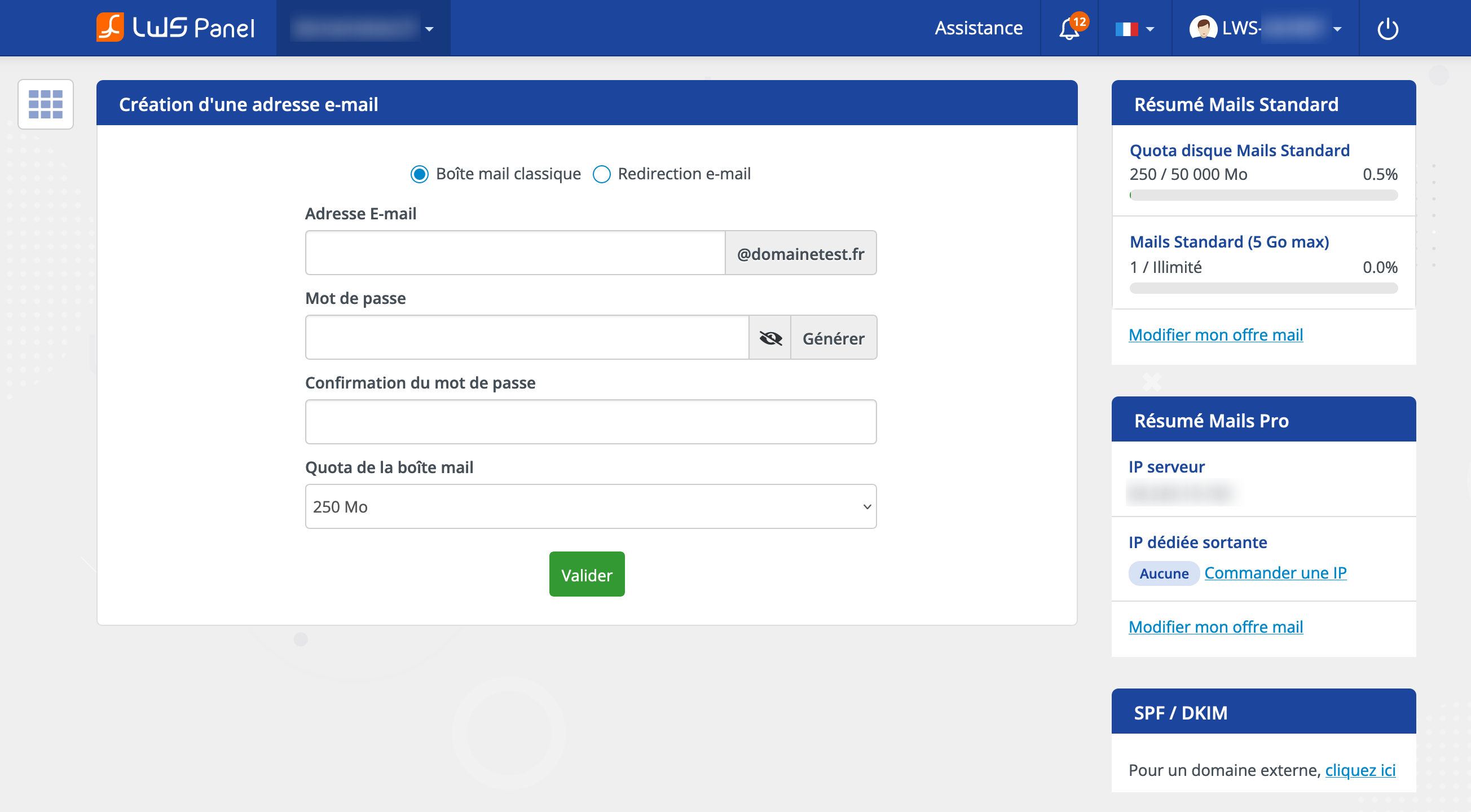 Création d'une adresse e-mail avec le LWS Panel.