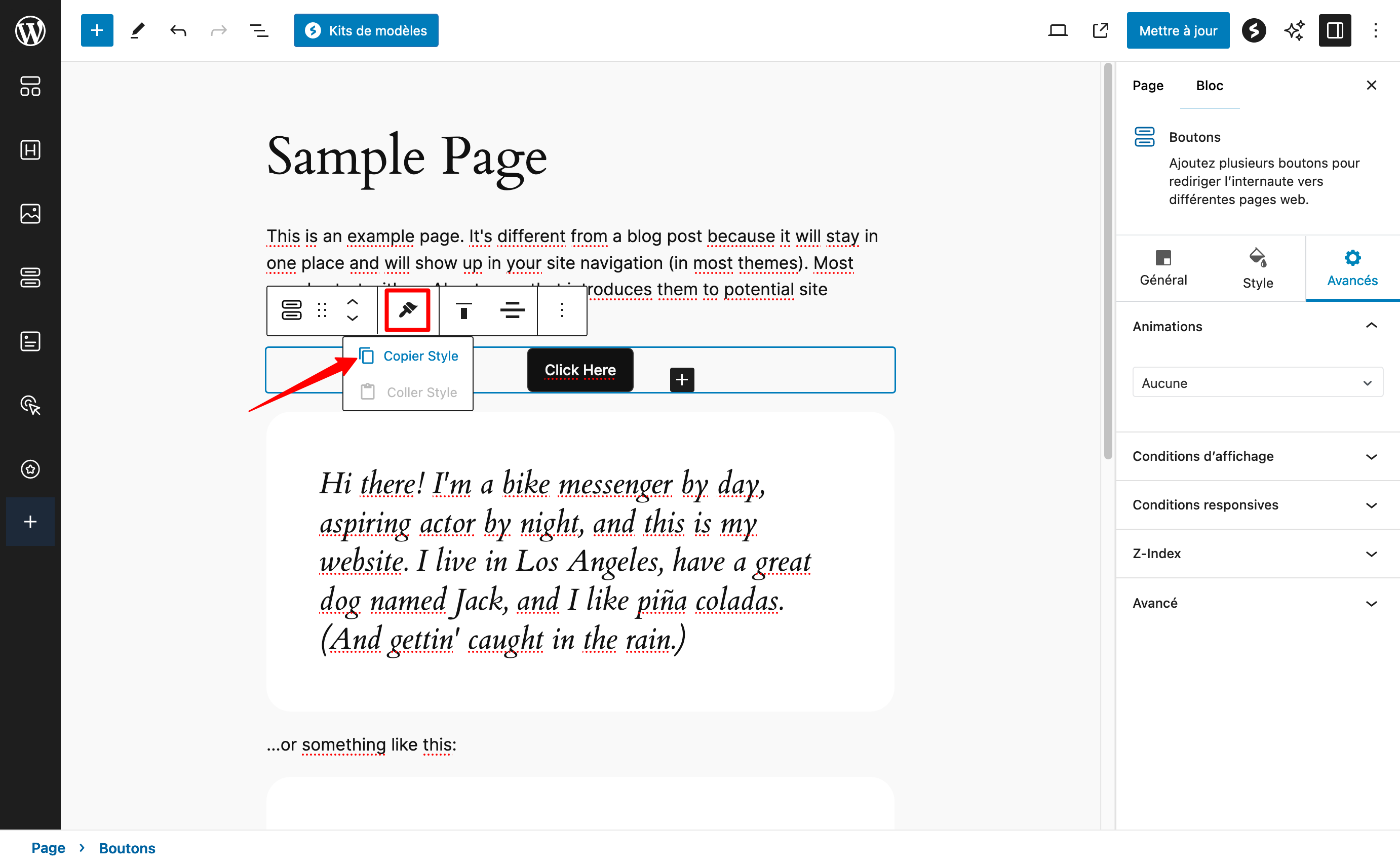 L'option copier-coller de Spectra sur WordPress.