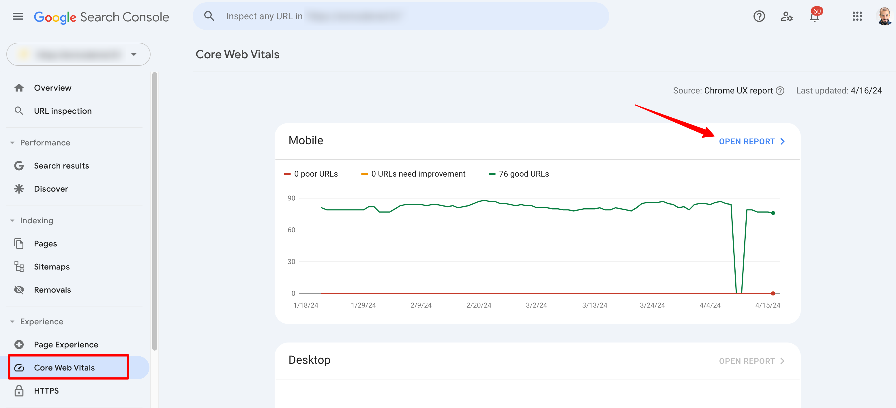 Core web vitals report on Google Search Console.