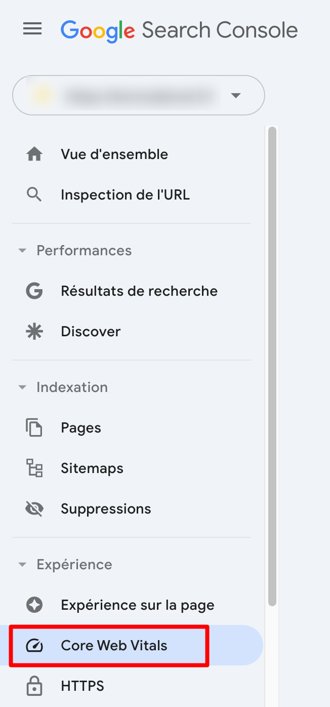 Le menu Core Web Vitals sur la Google Search Console.