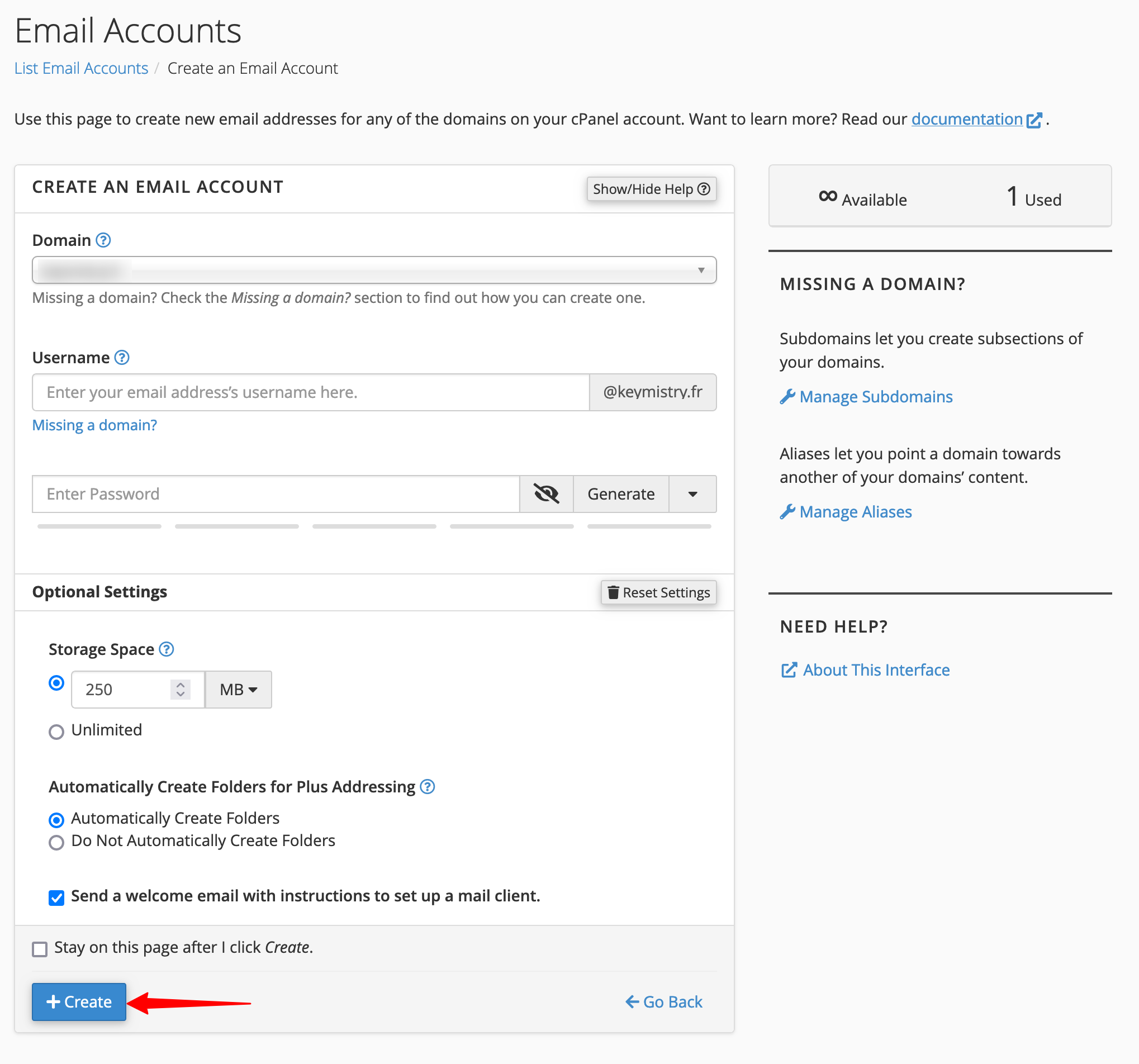 Creating an email account through cPanel.