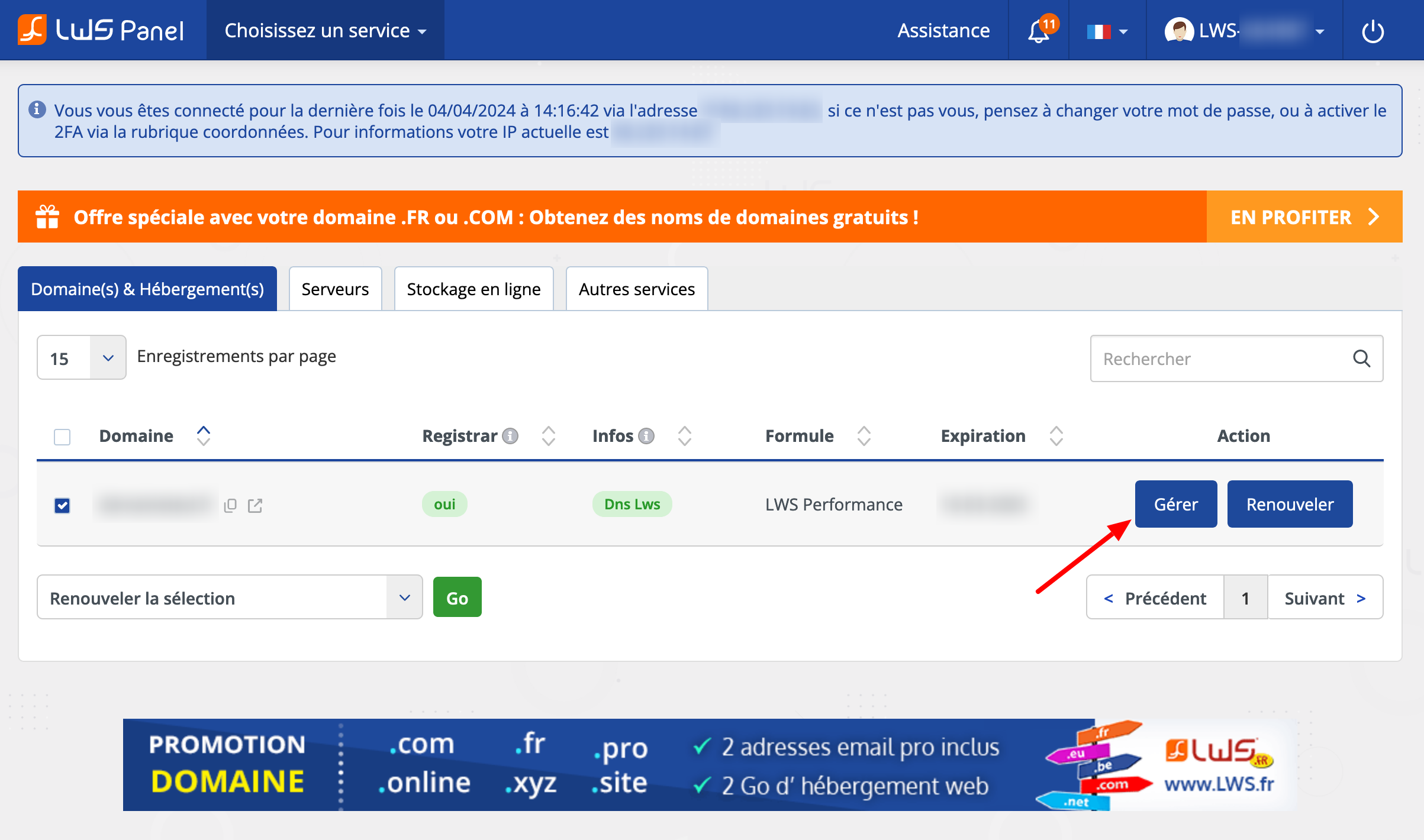Gérer un nom de domaine sur le LWS Panel.