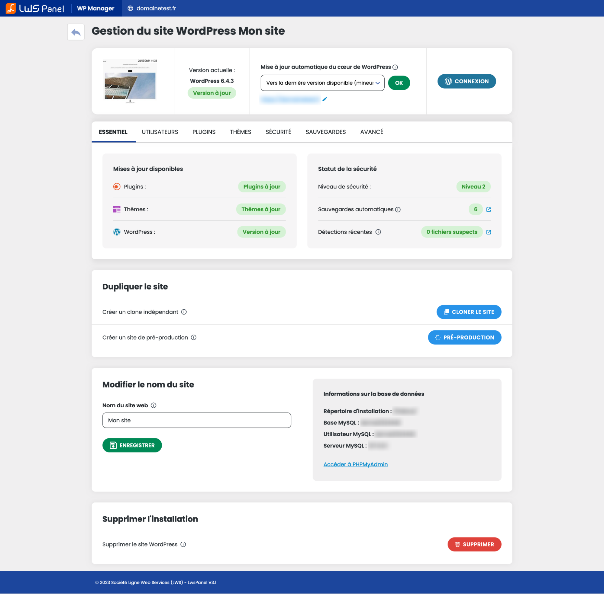 L’interface du WordPress Manager proposé par l'hébergeur LWS.
