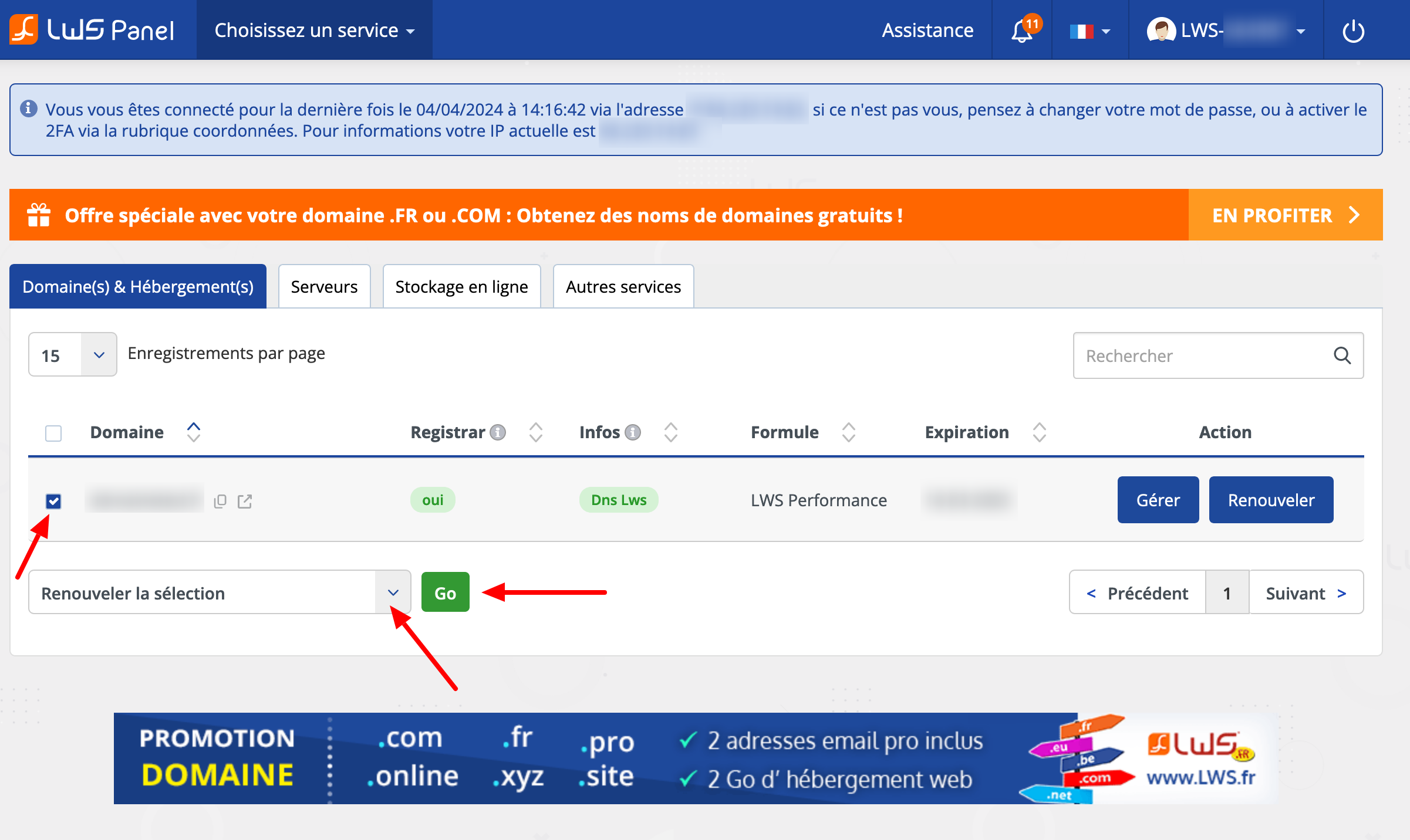 Il est possible d'effectuer un certain nombre d'actions sur le LWS Panel.