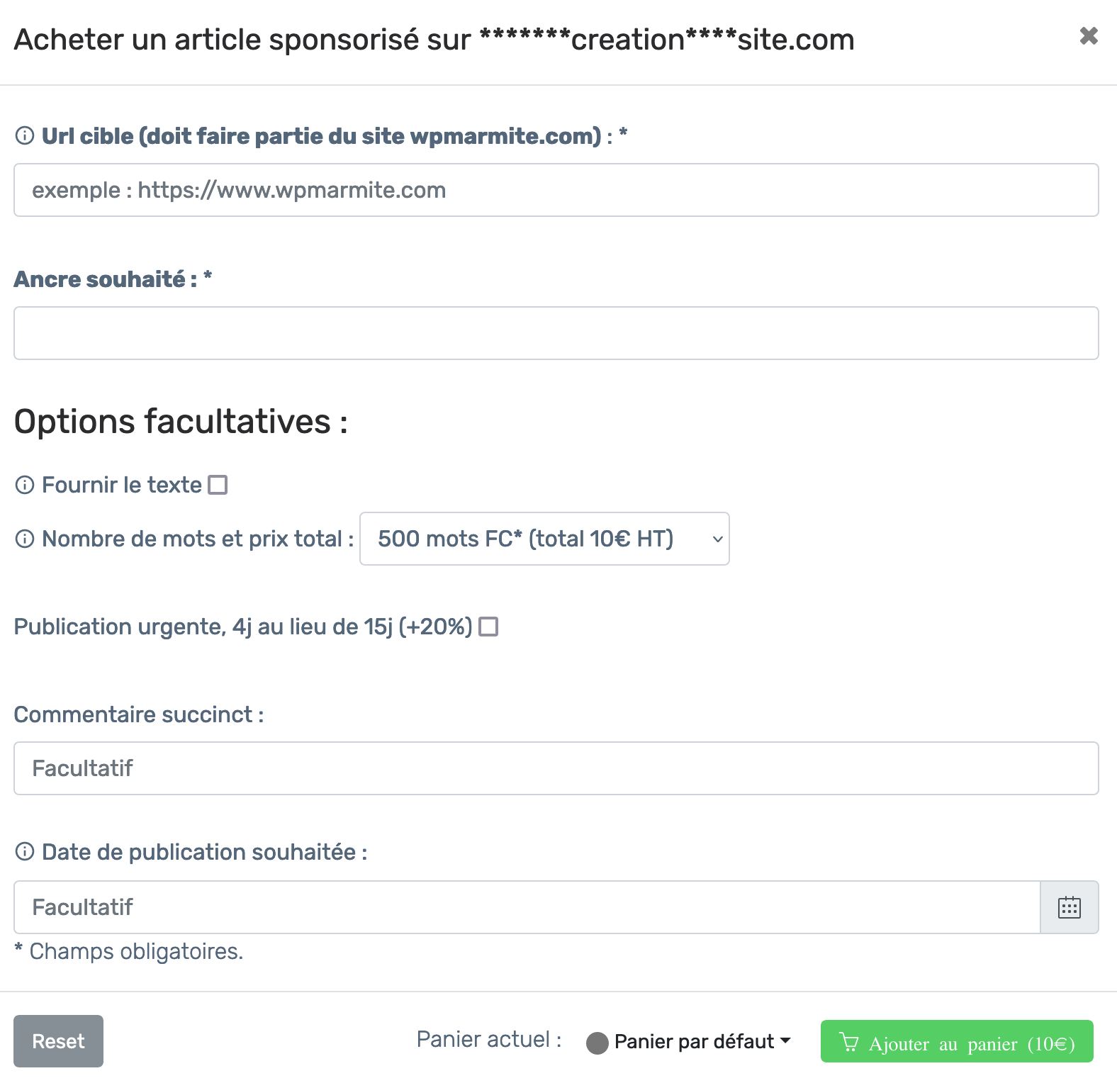 Les options pour les articles sponsorisés chez Linksgarden.