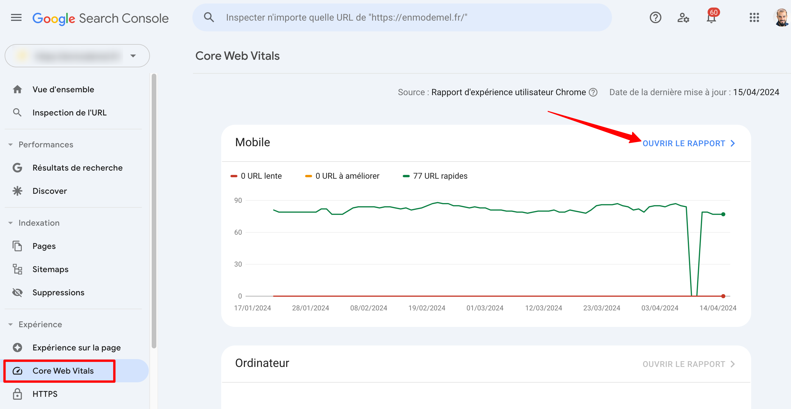 La Google Search Console propose un rapport sur les Core Web Vitals.