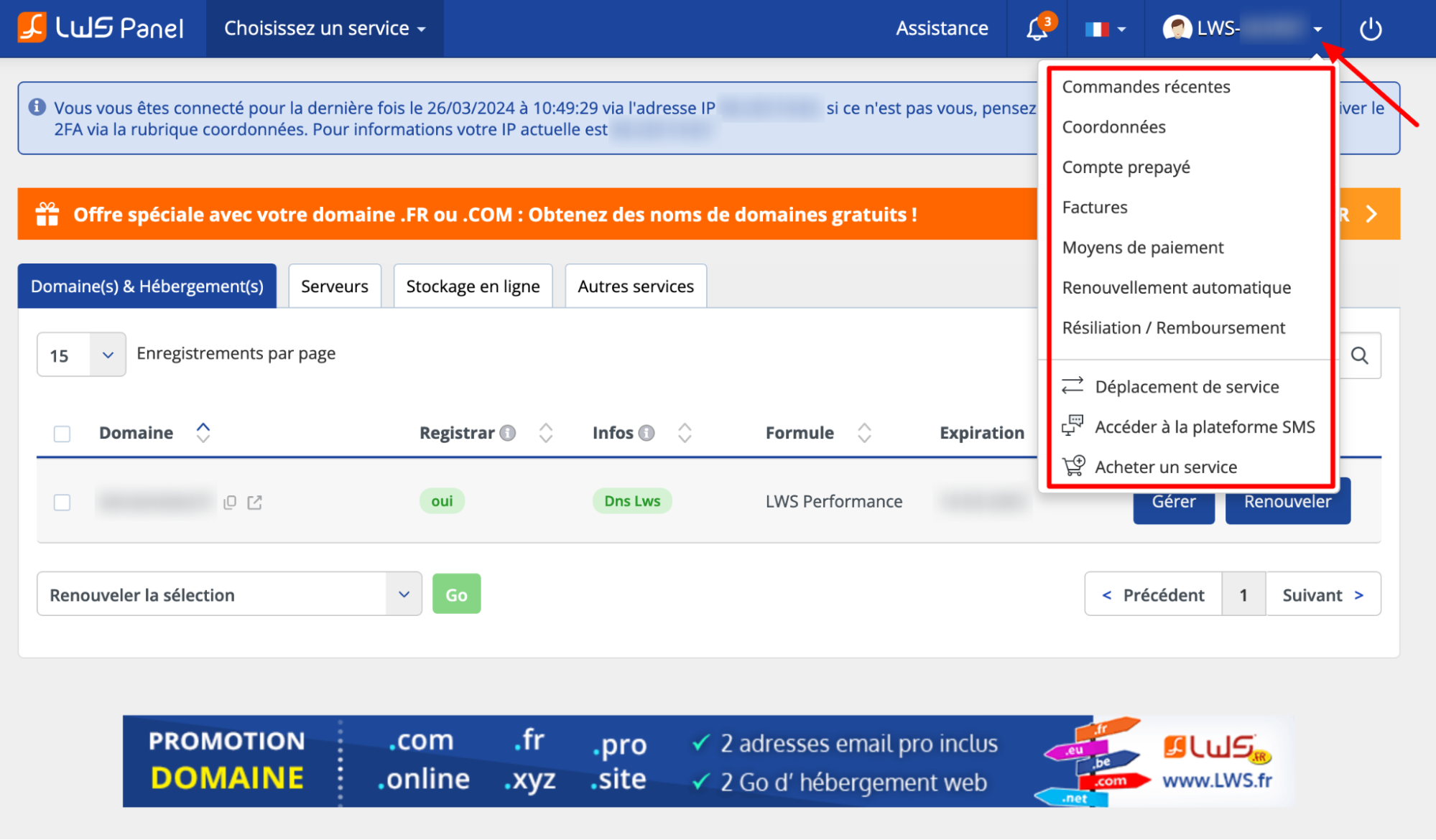 Les services proposés sur le service client de l'hébergeur LWS.
