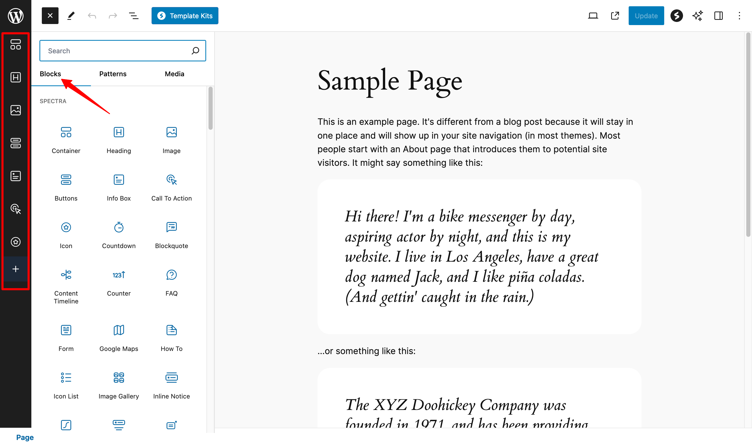 Adding Spectra blocks on WordPress.