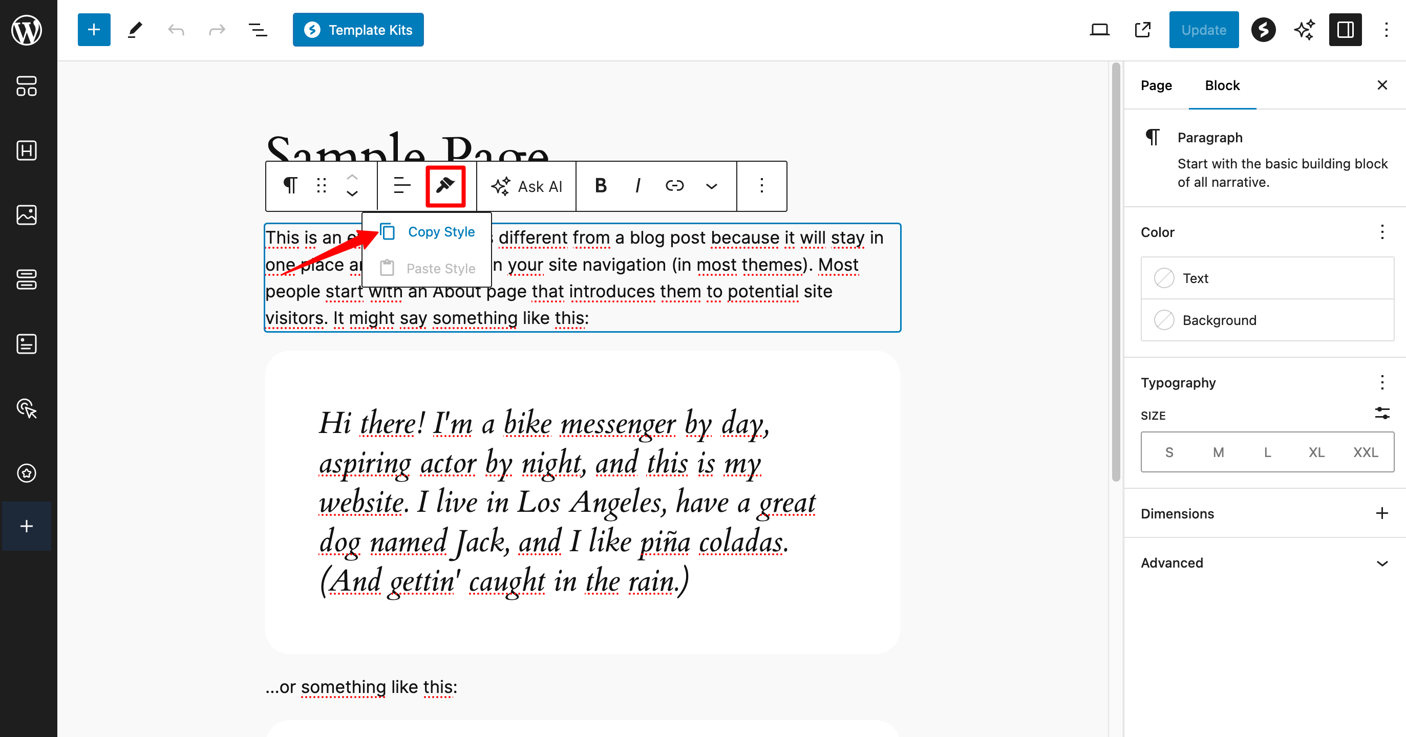 Spectra offers a copy-paste option for block styles.