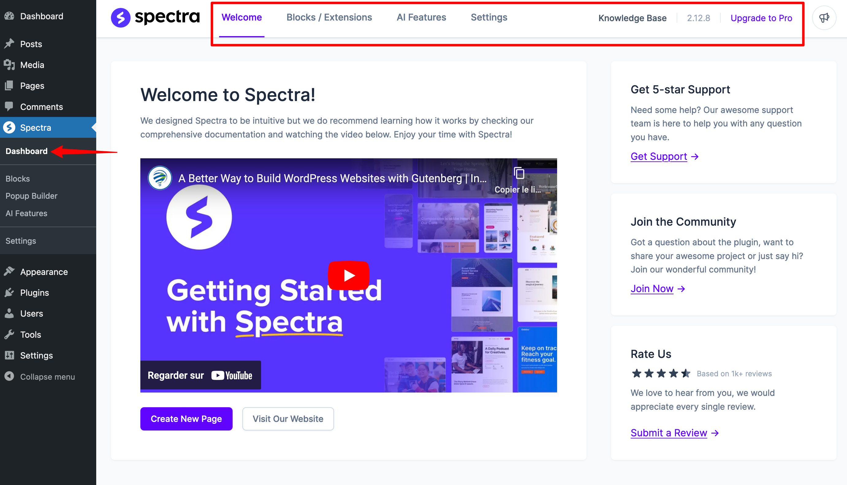 The menus available on the Spectra dashboard.