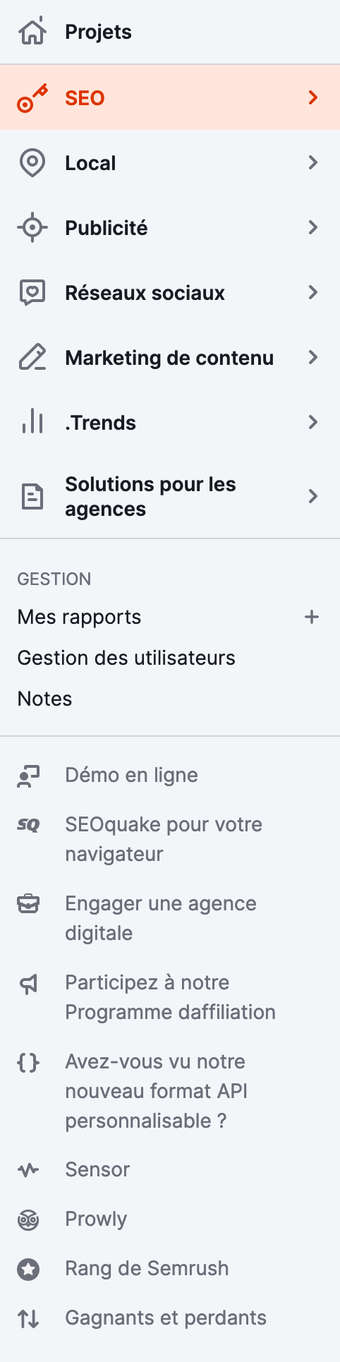 La barre latérale proposée par Semrush.