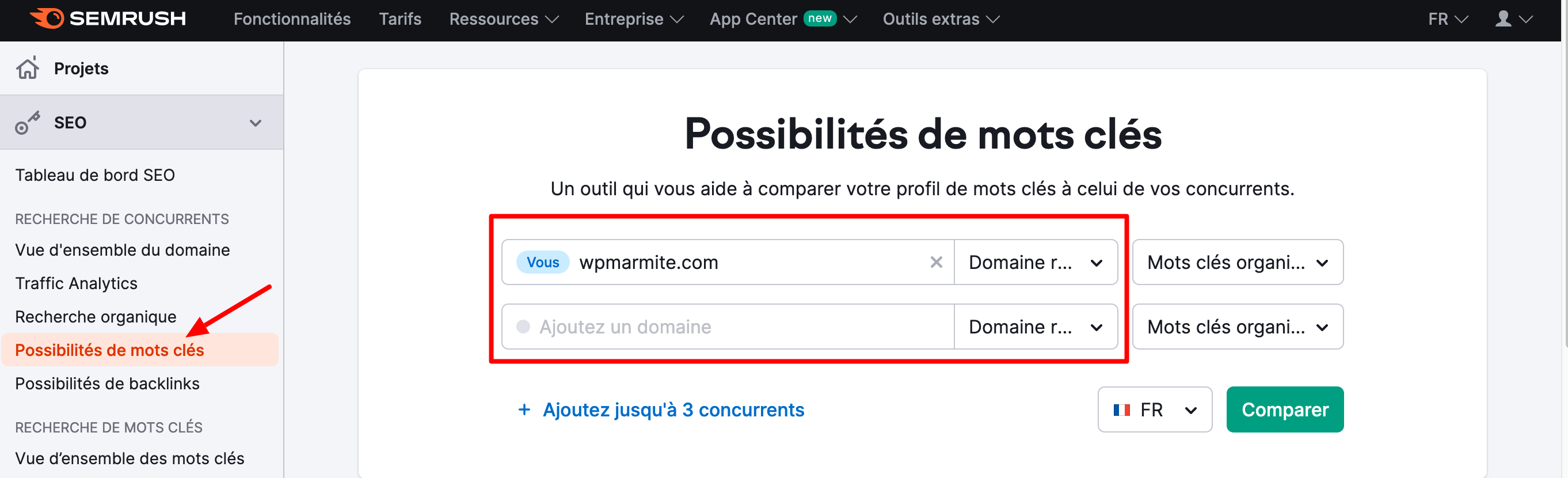 L'outil Possibilités de mots-clés de Semrush.