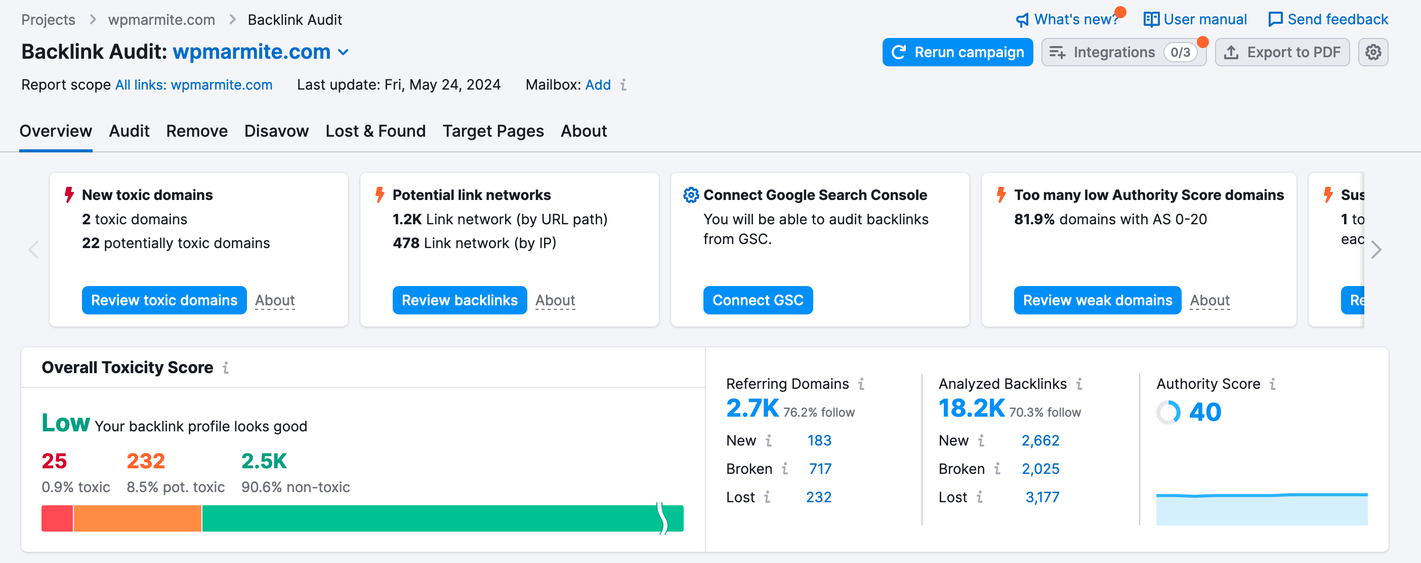 Semrush offers a backlink audit.