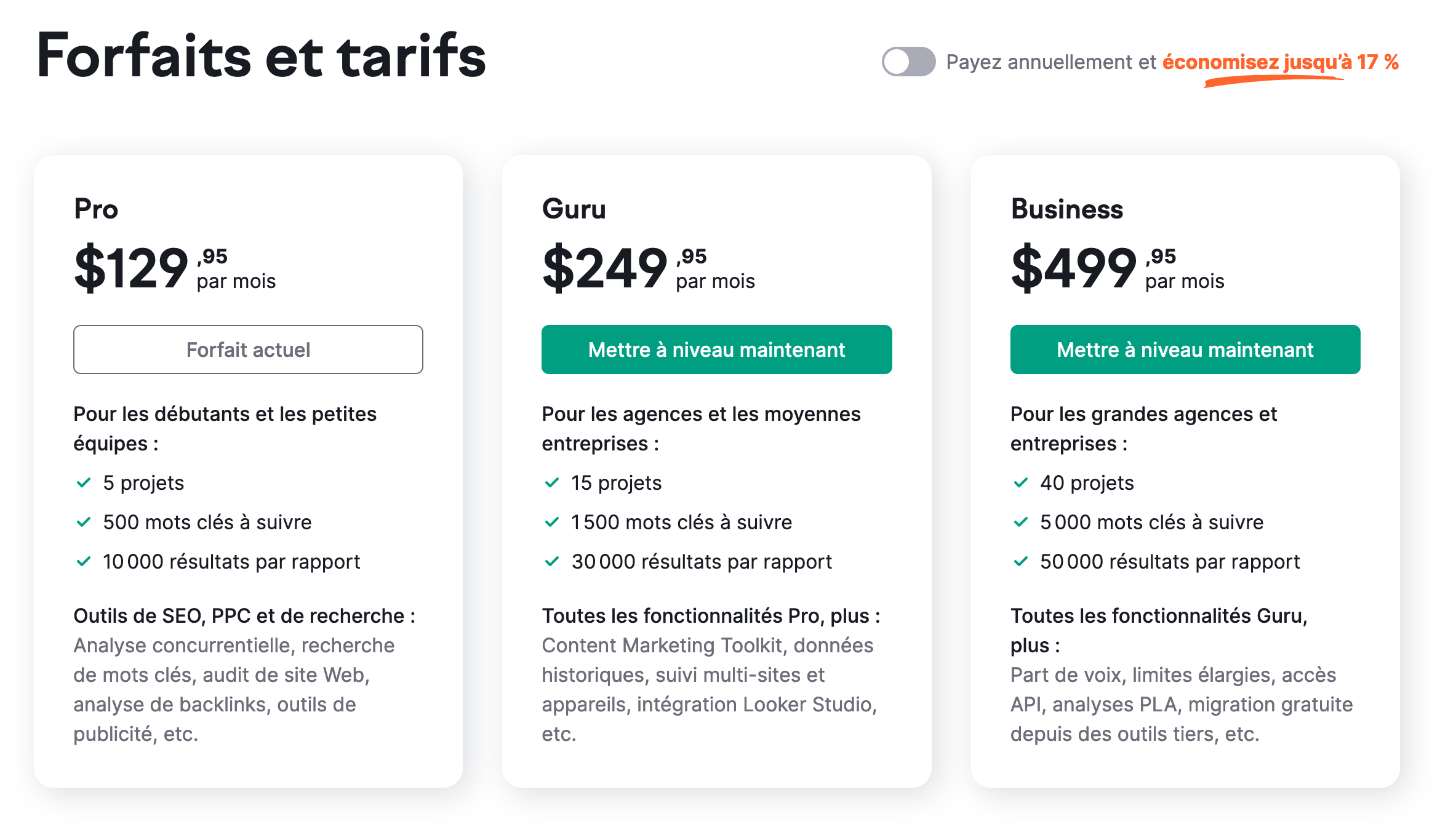 Semrush propose trois forfaits.