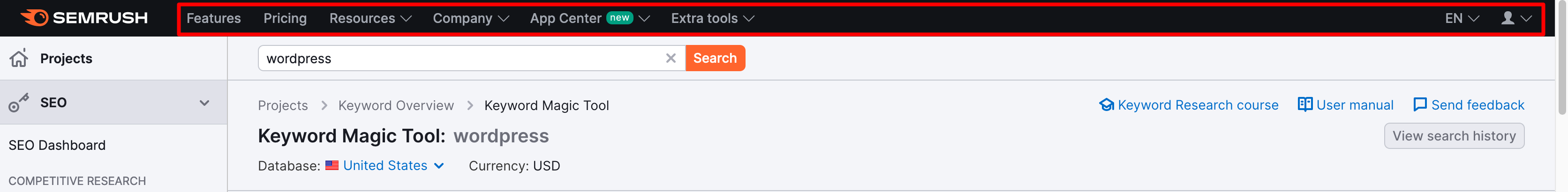 The top bar menu in Semrush.