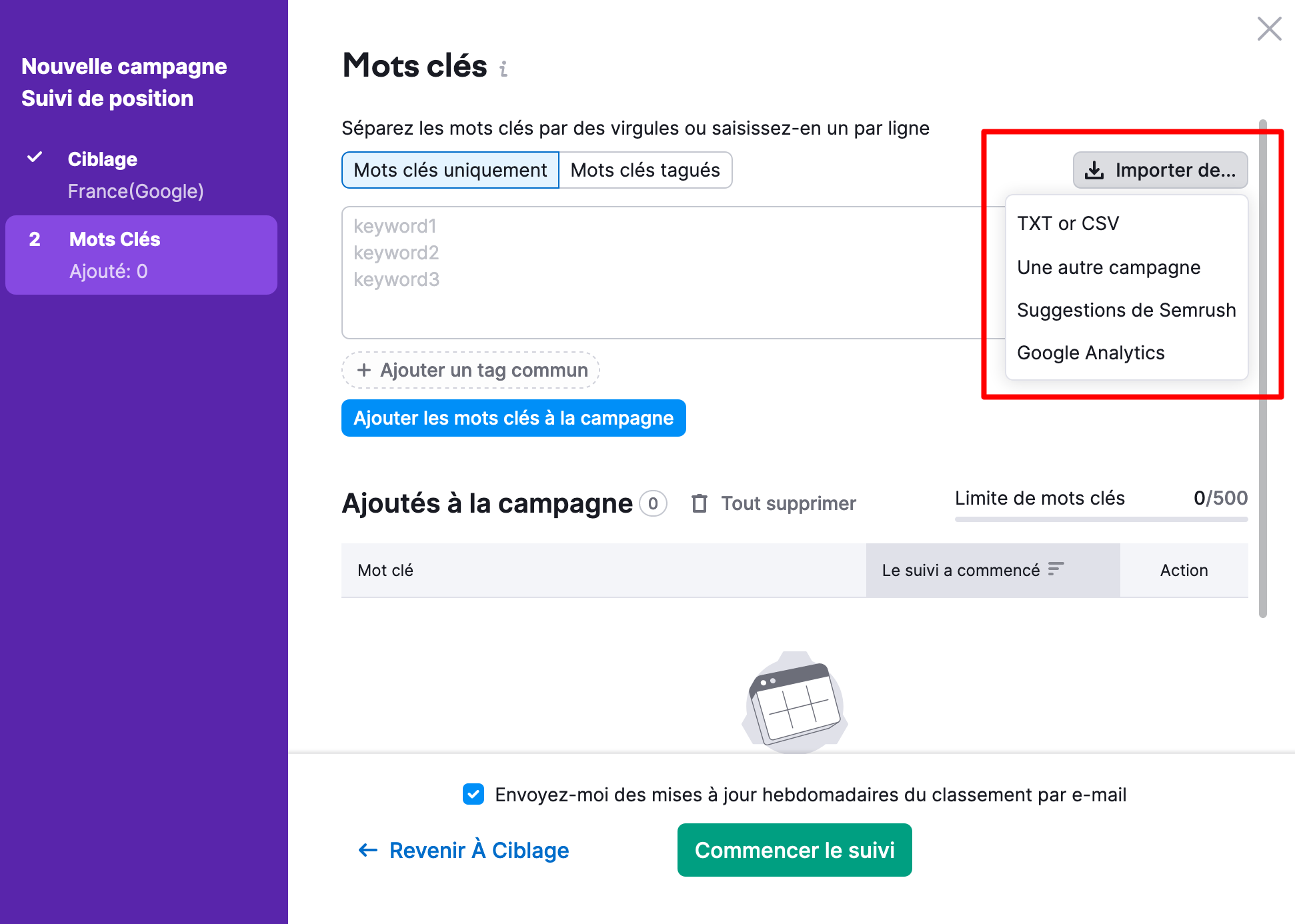 Le suivi de positions sur Semrush.