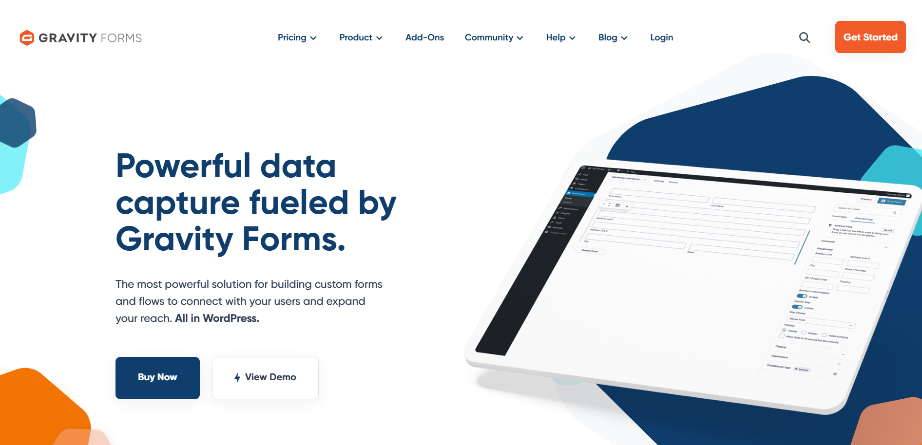 Screenshot of the Gravity Forms home page.
