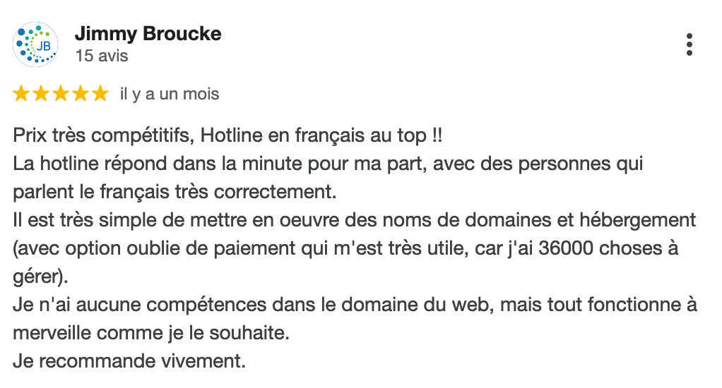 Un avis publié sur Google à propos d'Infomaniak.