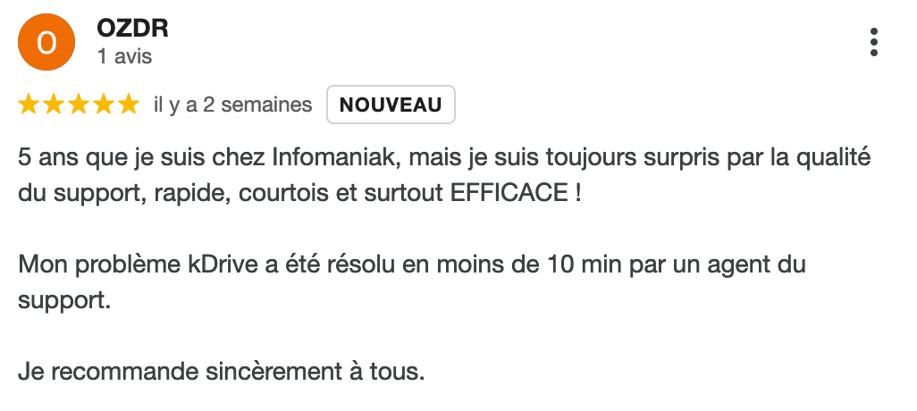 Un avis publié sur Google à propos de l'hébergeur Infomaniak.