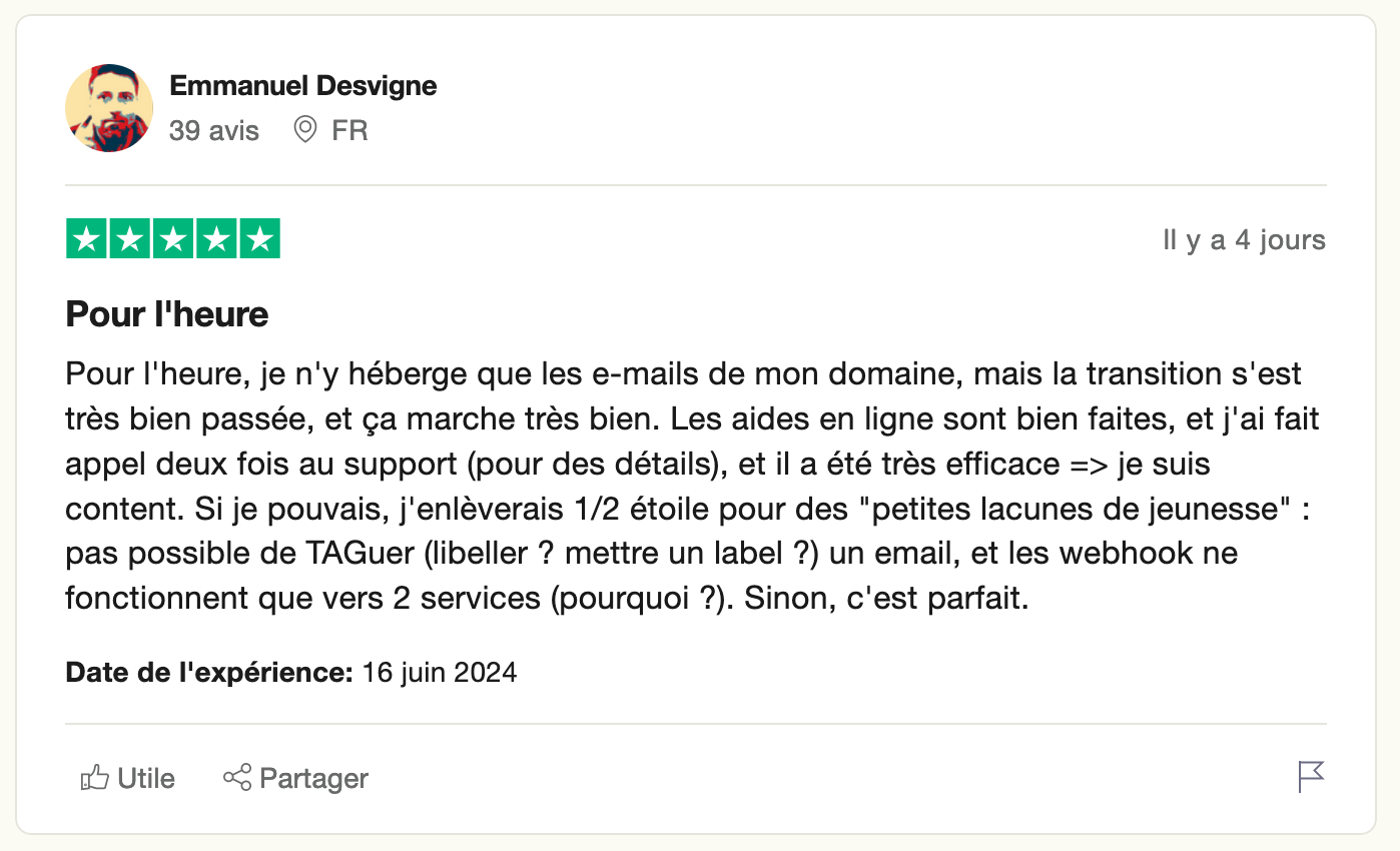 Un avis Trustpilot sur Infomaniak.