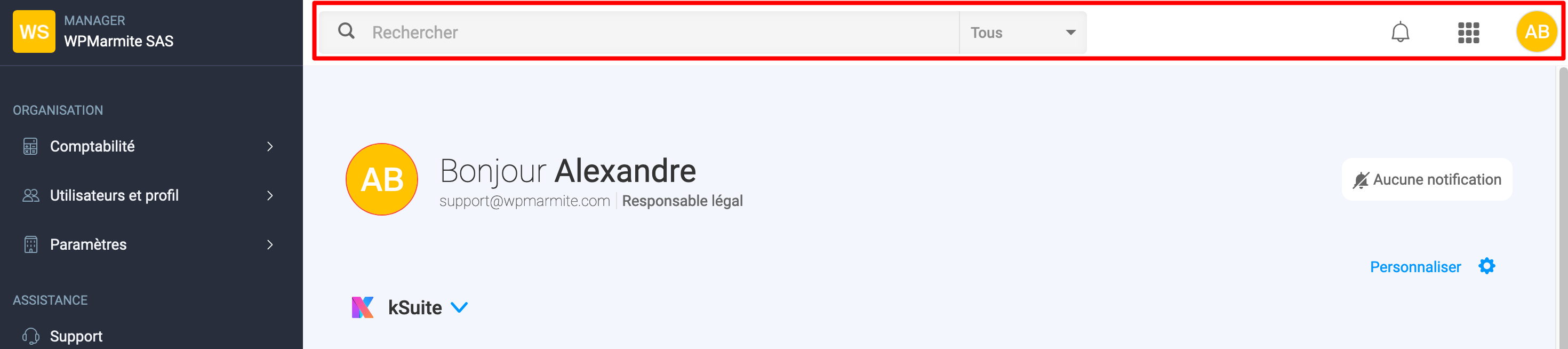 La barre de recherche de l'espace client d'Infomaniak.