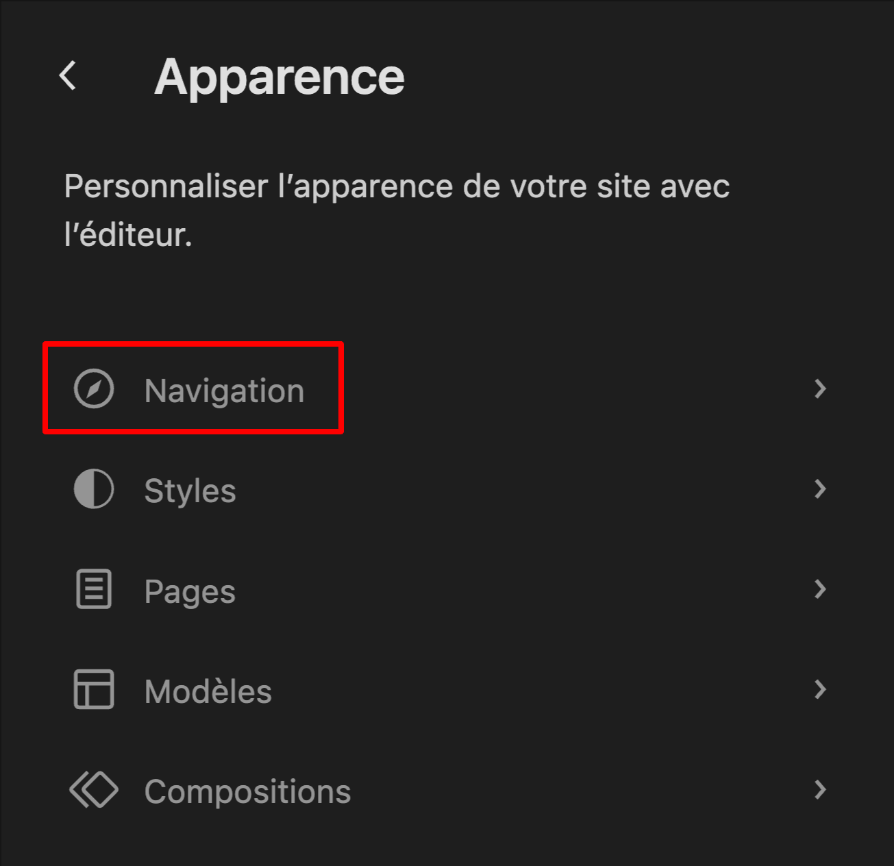Le menu "Apparence" de l'Éditeur de site.
