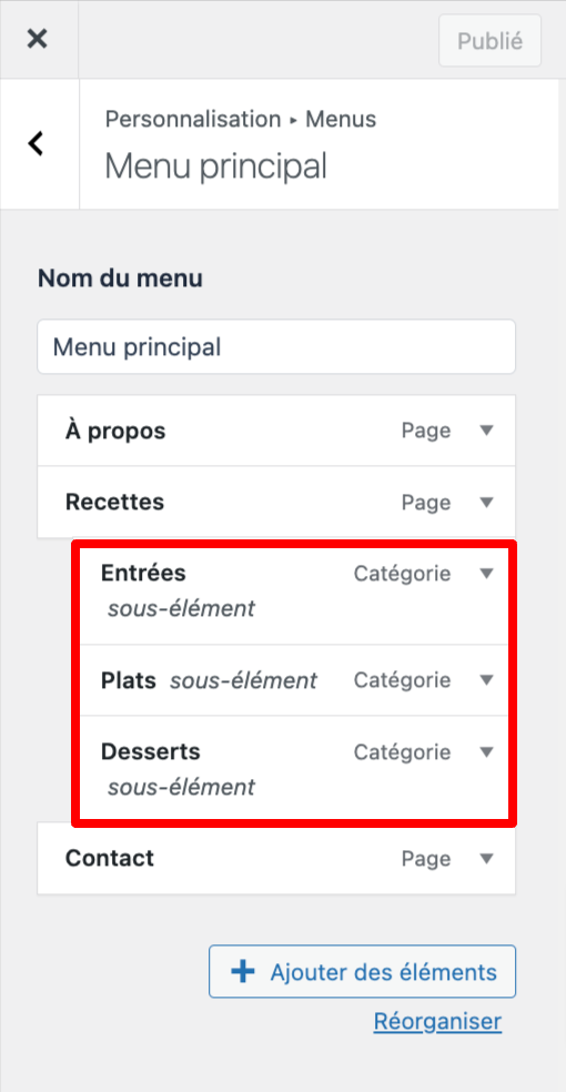 Création d'un sous-menu avec l'Outil de personnalisation.
