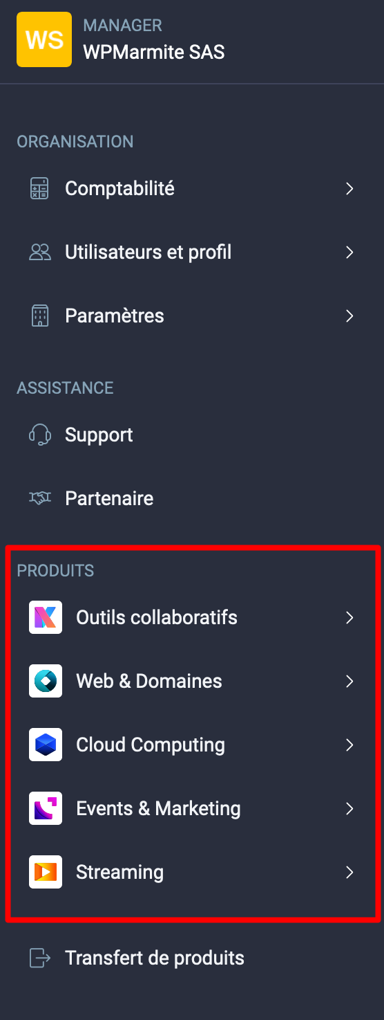 Les produits proposés sur le Manager d'Infomaniak.