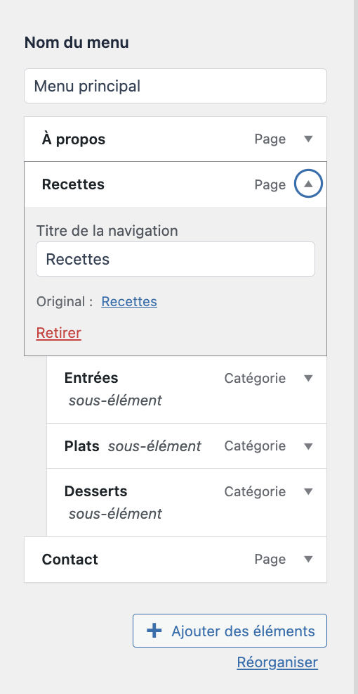 Modifier les éléments d'un menu WordPress.