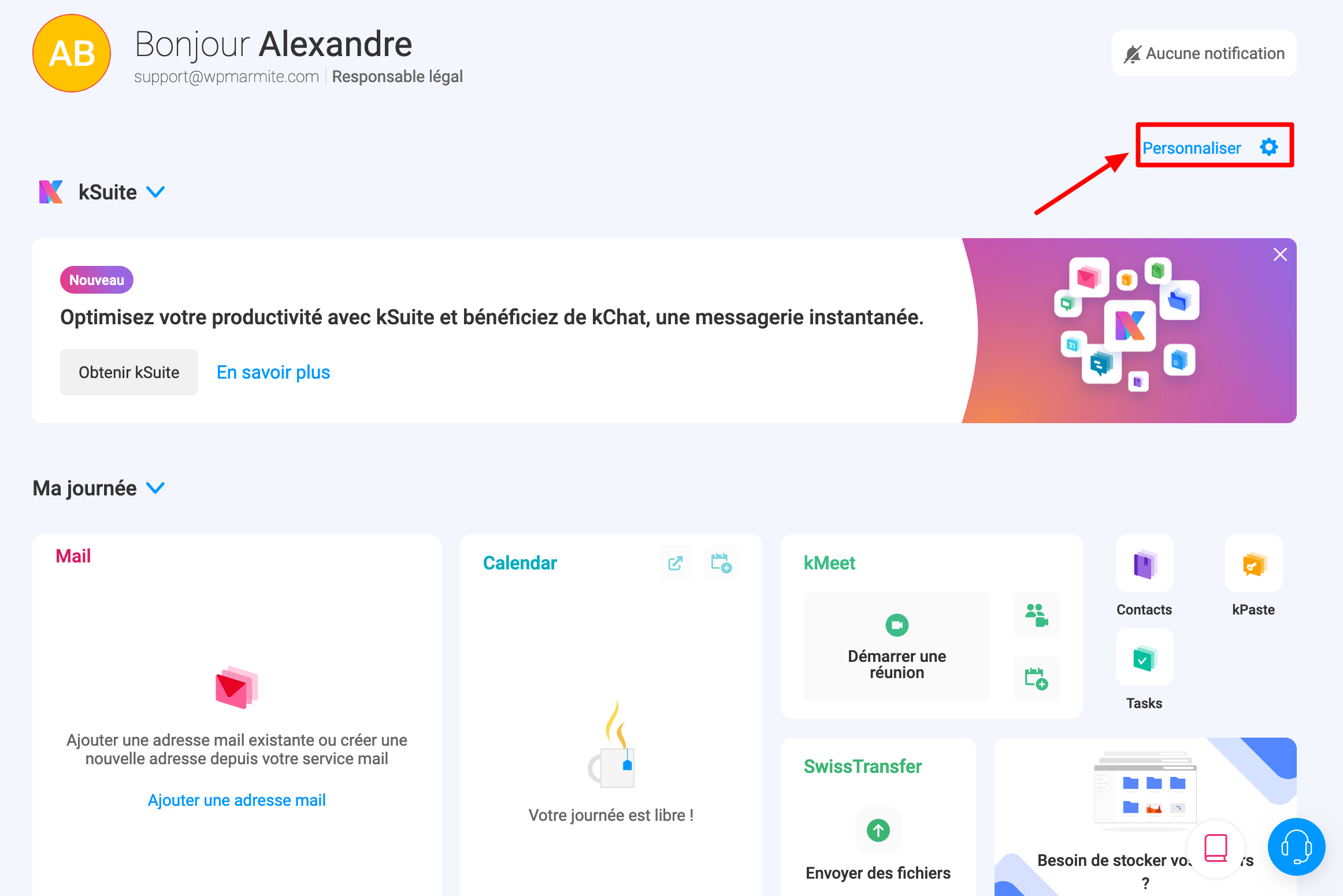La page d'accueil du Infomaniak Manger peut être personnalisée.