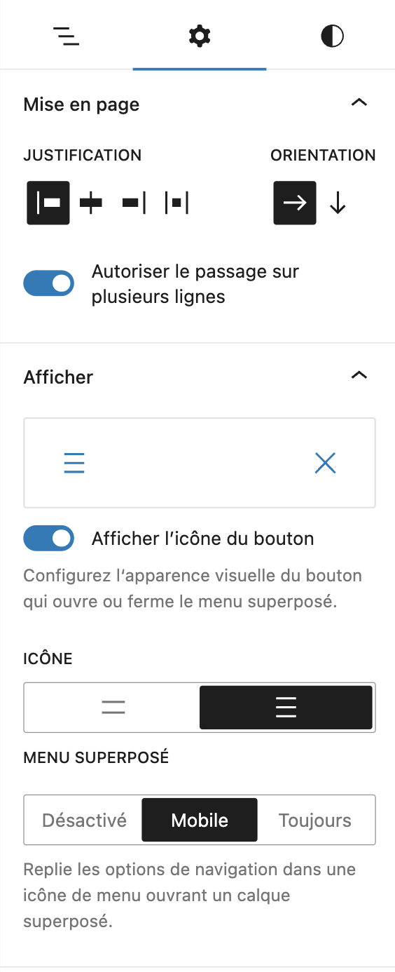 Les réglages du bloc Navigation sur WordPress.