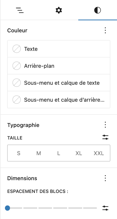 Les réglages de style du bloc Navigation sur WordPress.