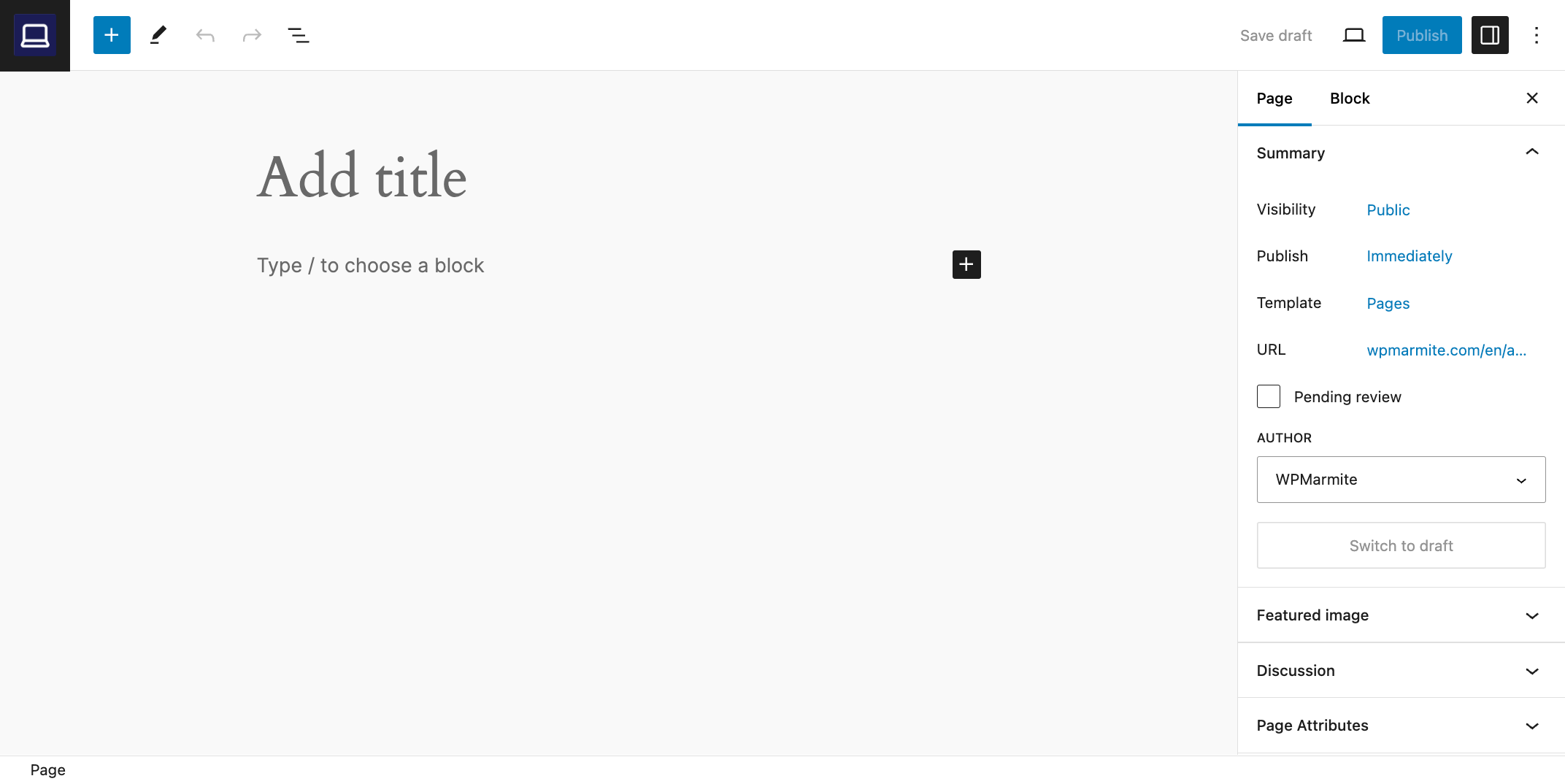 Adding a page on the Gutenberg content editor on a WordPress website.