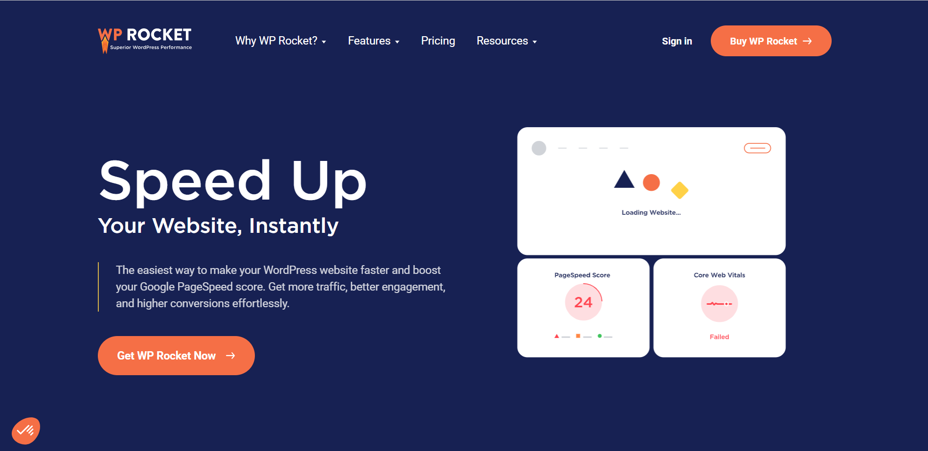 Home page of the WP Rocket plugin website.
