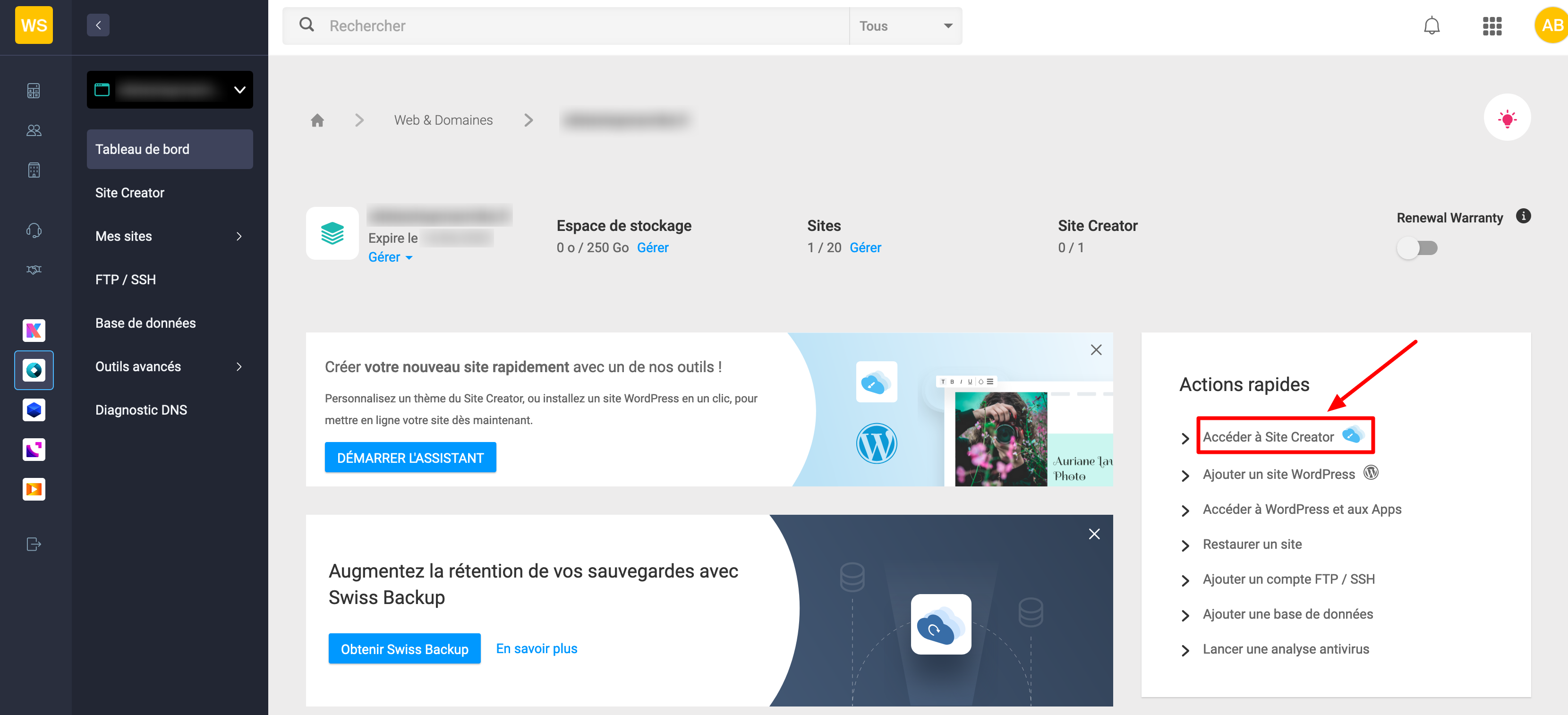 L'accès à Site Creator sur le Manager d'Infomaniak.