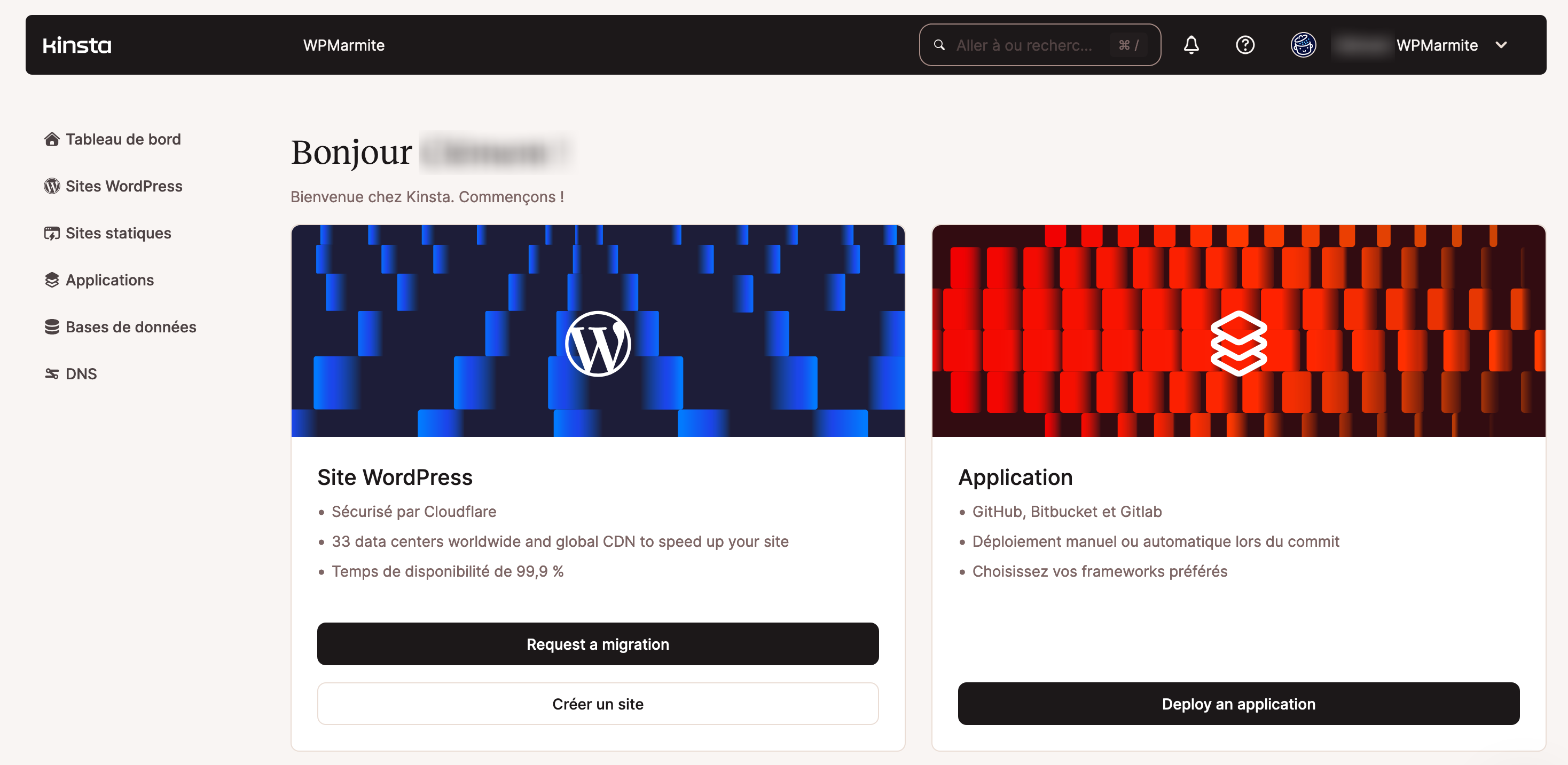 Le menu de MyKinsta.