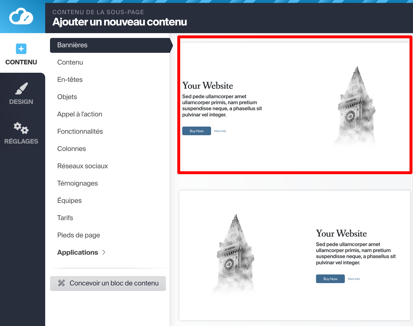 Ajout d'un bloc de contenu avec le Site Creator.