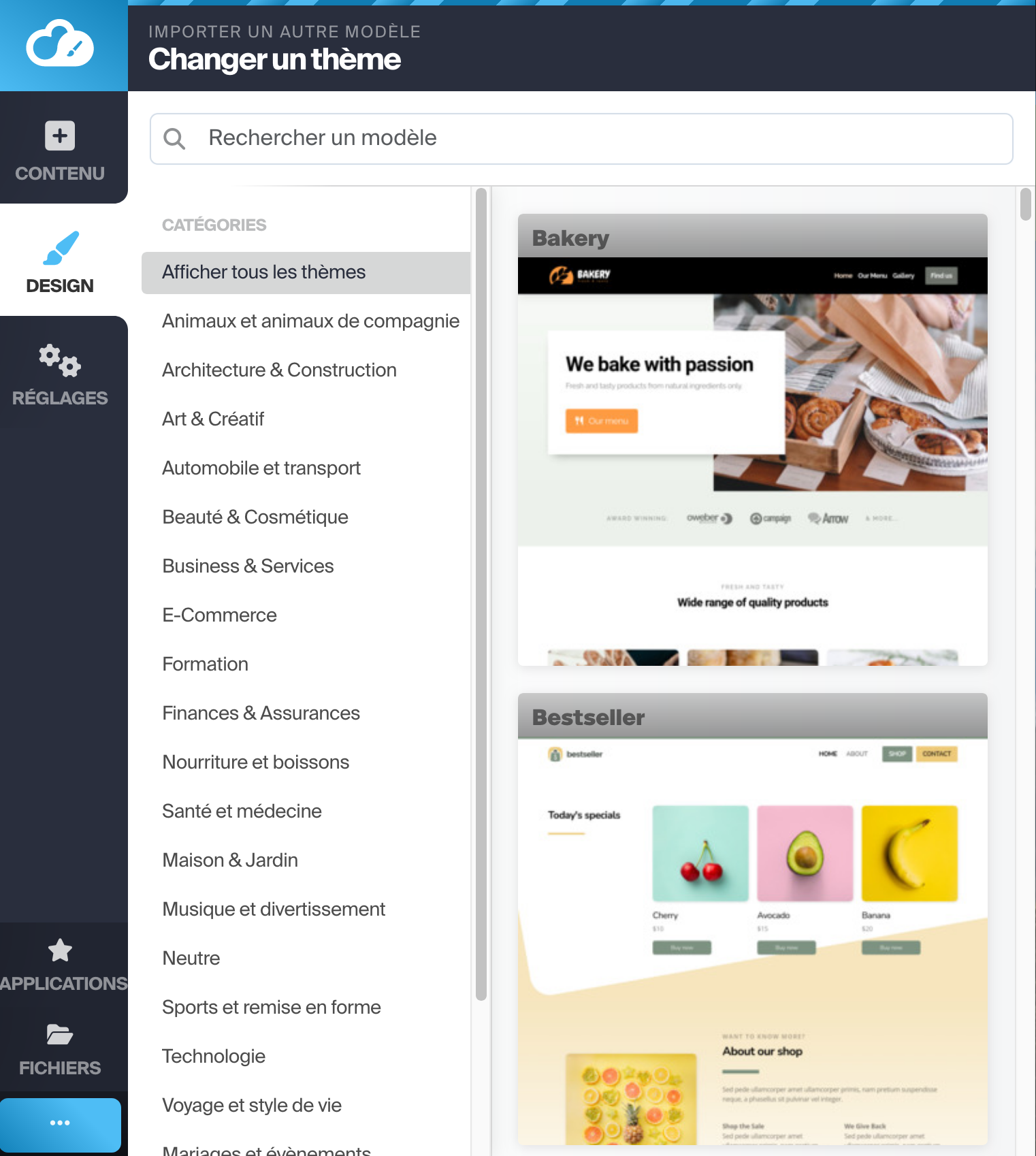 Choix d'un thème proposé par le Site Creator d'Infomaniak.