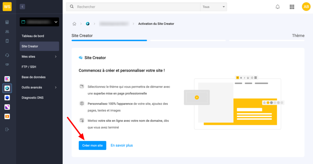Bouton Créer mon site de Site Creator.