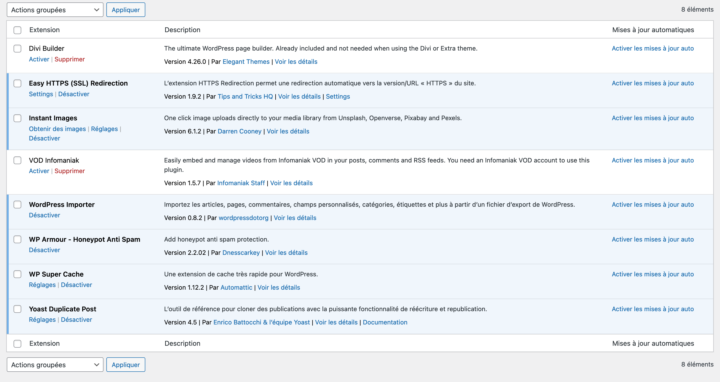Les extensions installées sur un hébergement WordPress d'Infomaniak.