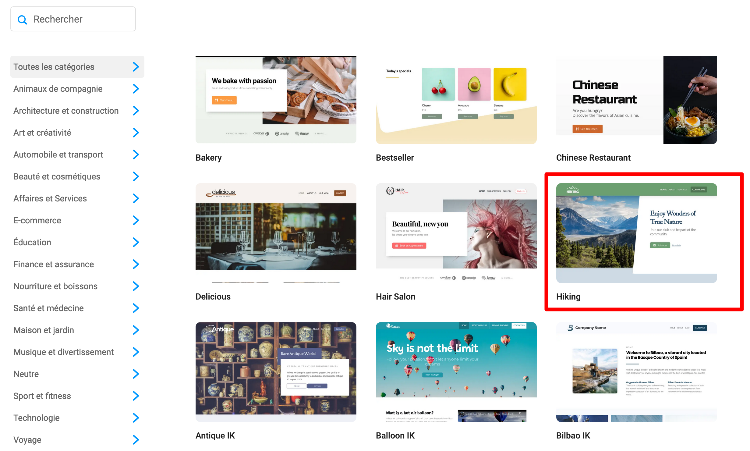 Le thème Hiking du Site Creator.