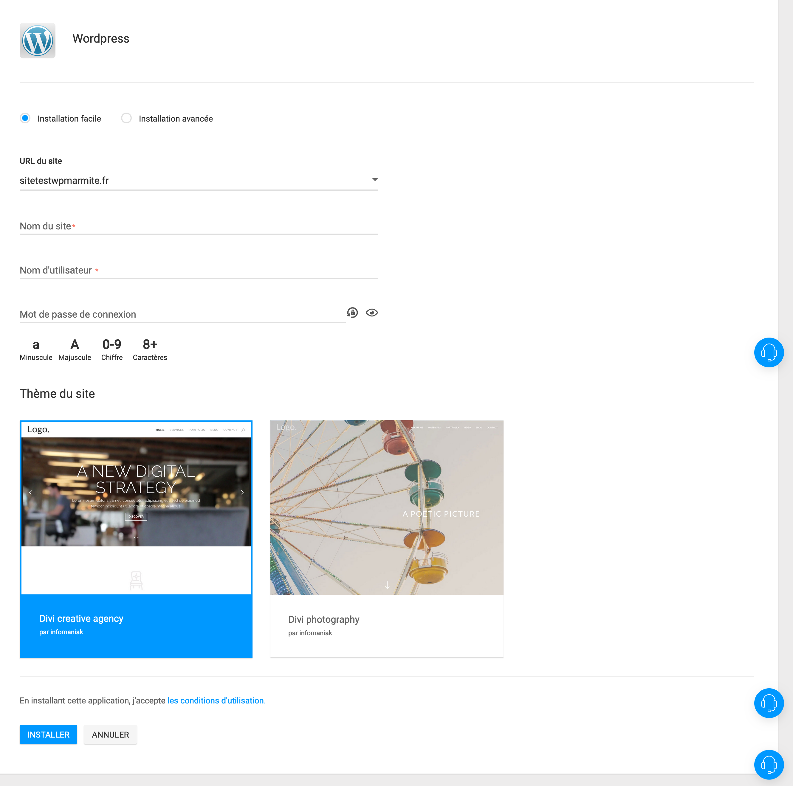 Installation de WordPress sur l'Infomaniak Manager.