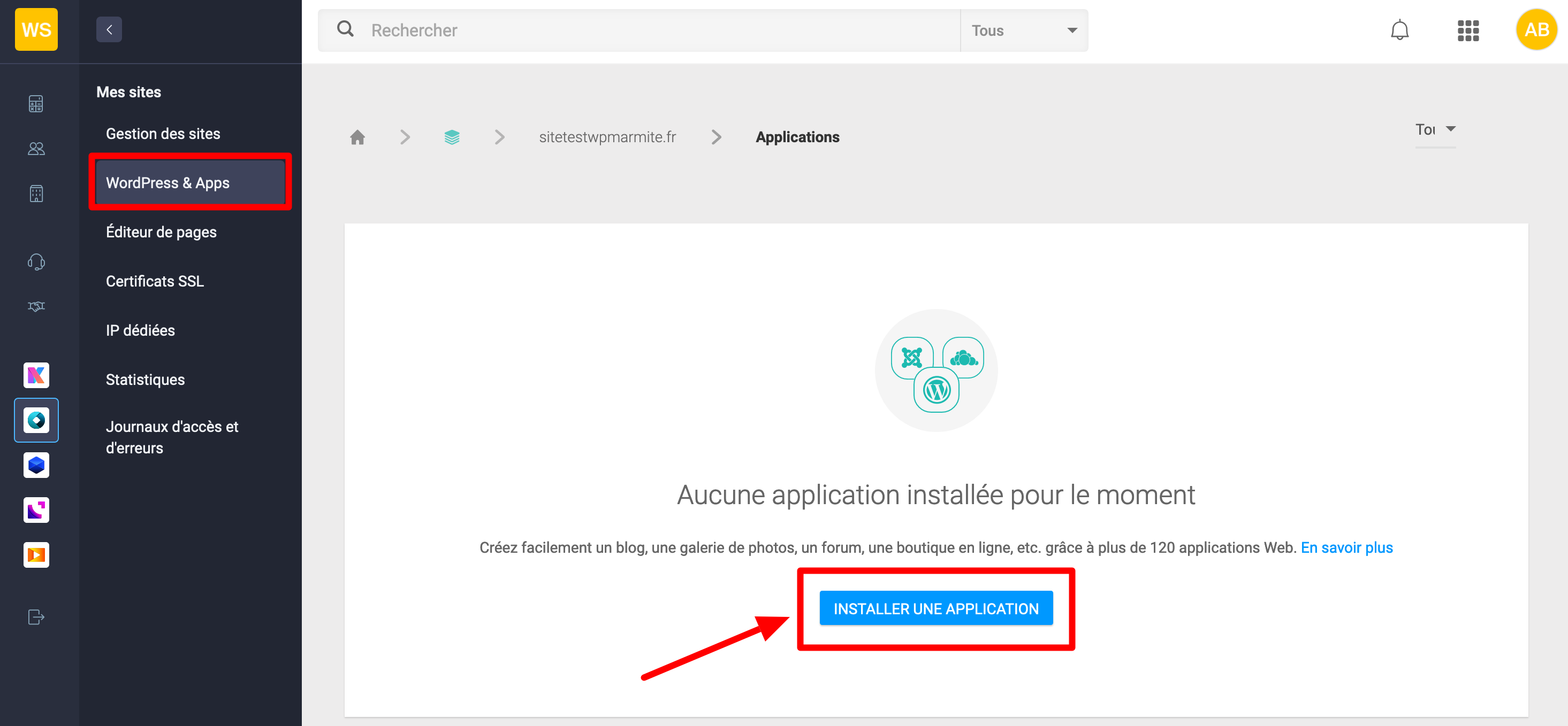 Installation d'une application WordPress sur l'Infomaniak Manager.