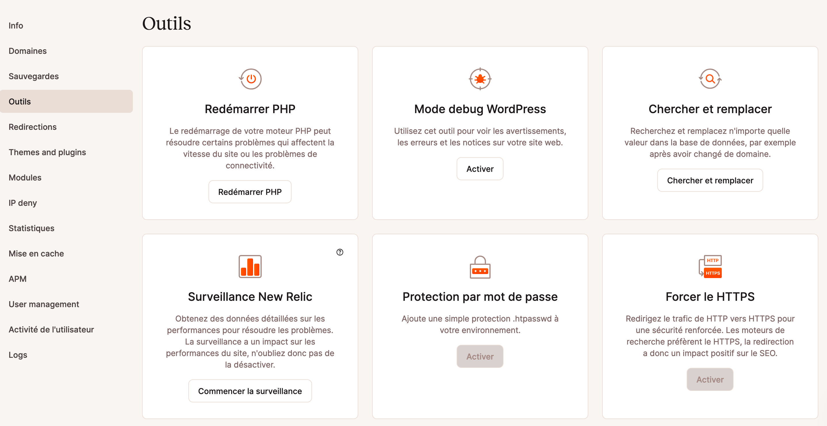 Un aperçu des options du menu Outils de MyKinsta.