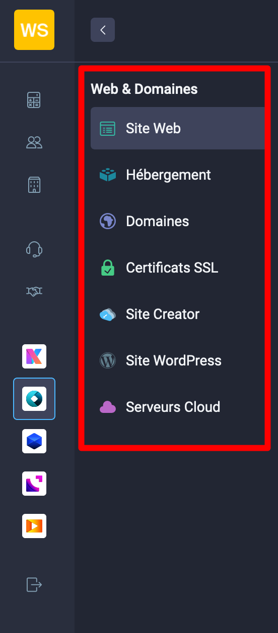 Sous-menus du produit Web & Domaines de l'Infomaniak Manager.