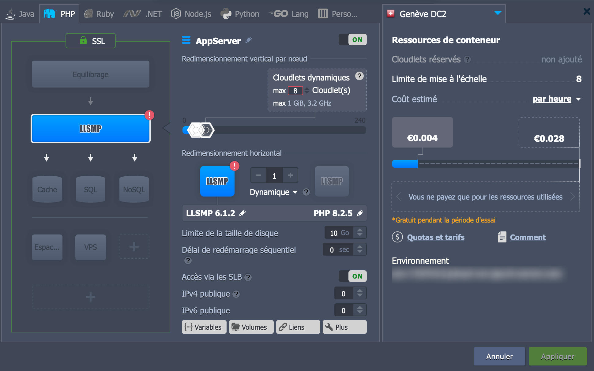 Modification de la la topologie de l’environnement sur Jelastic Cloud.