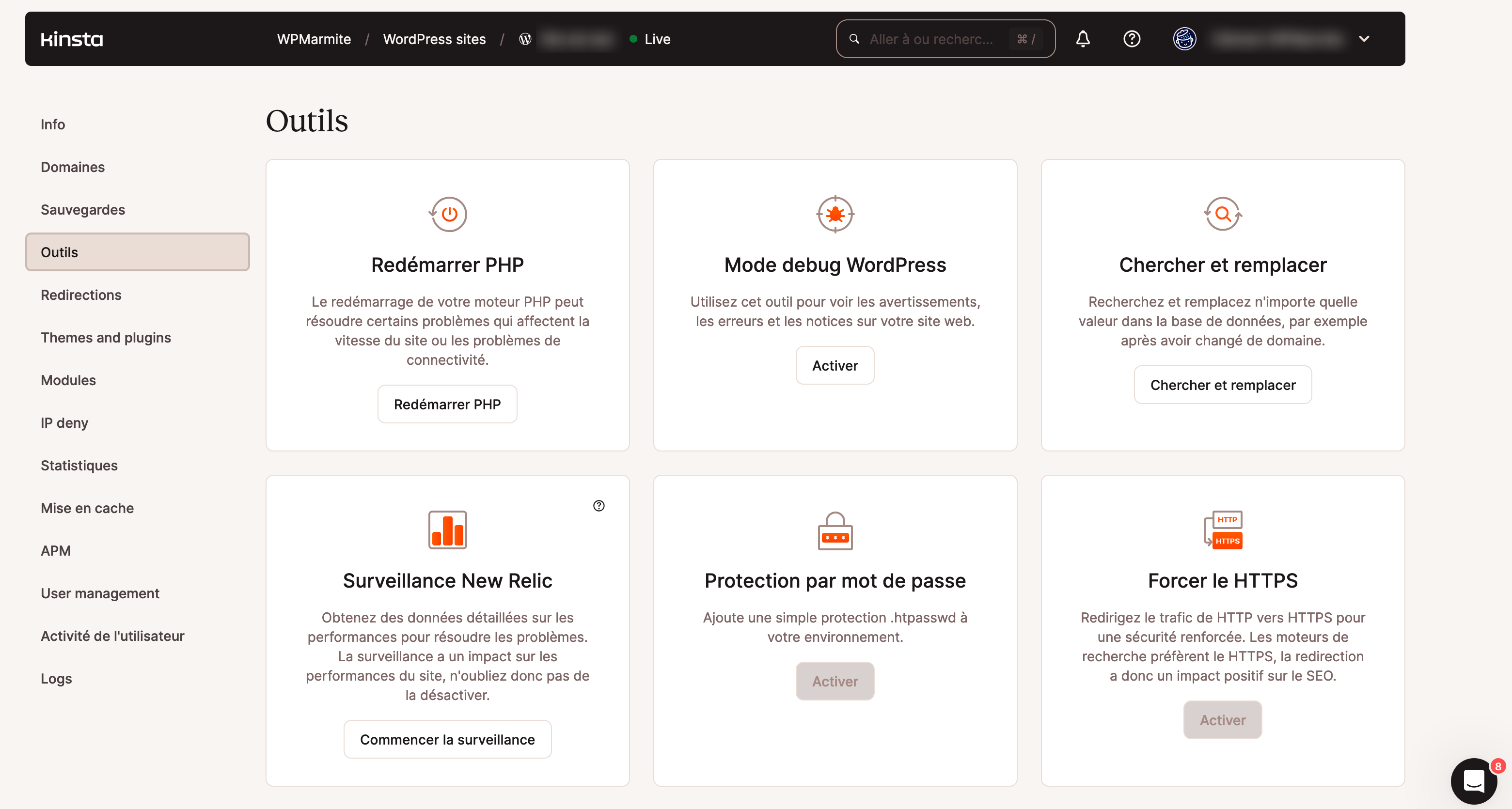 Le tableau de bord MyKinsta de l'hébergeur WordPress Kinsta.