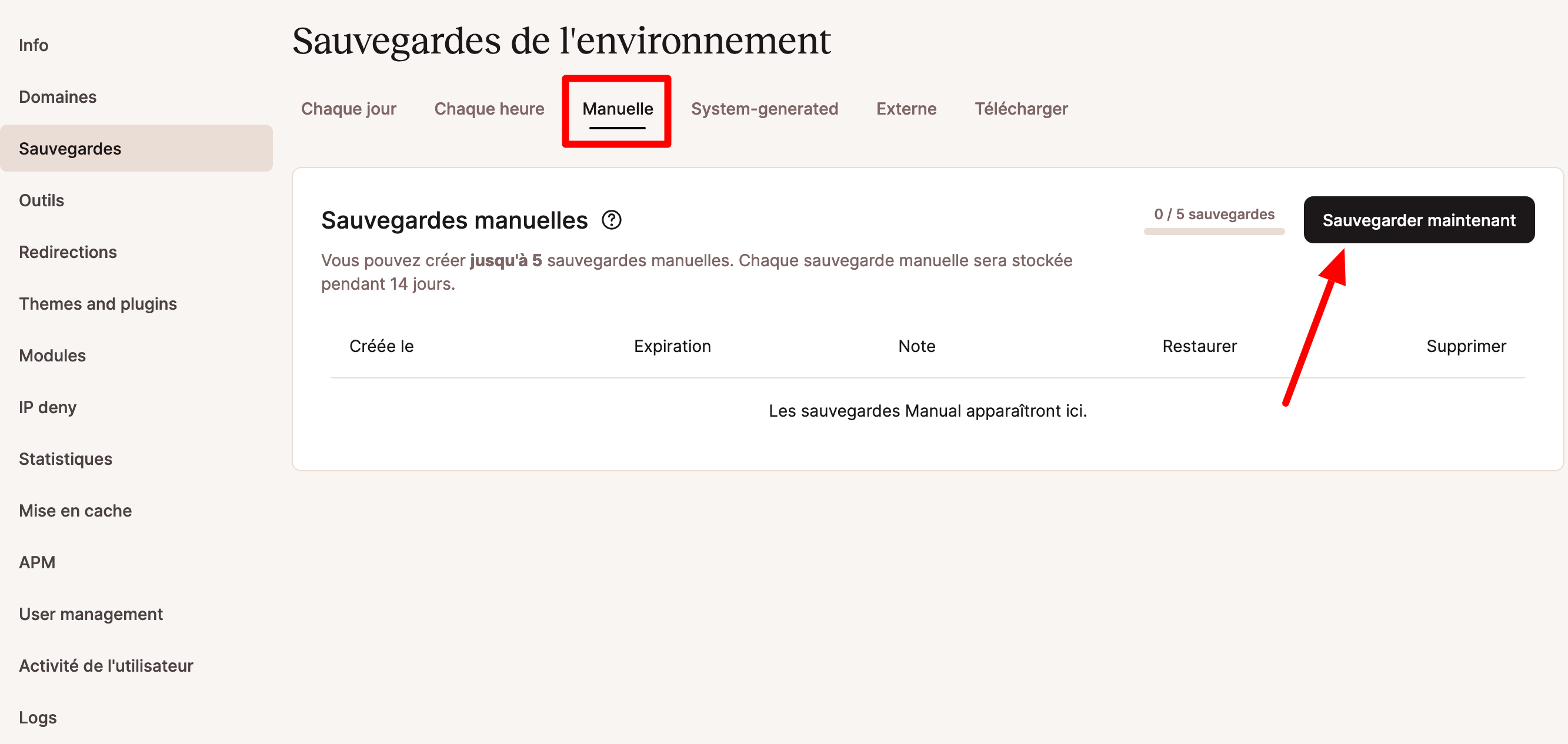 MyKinsta permet d'effectuer différents types de sauvegardes.